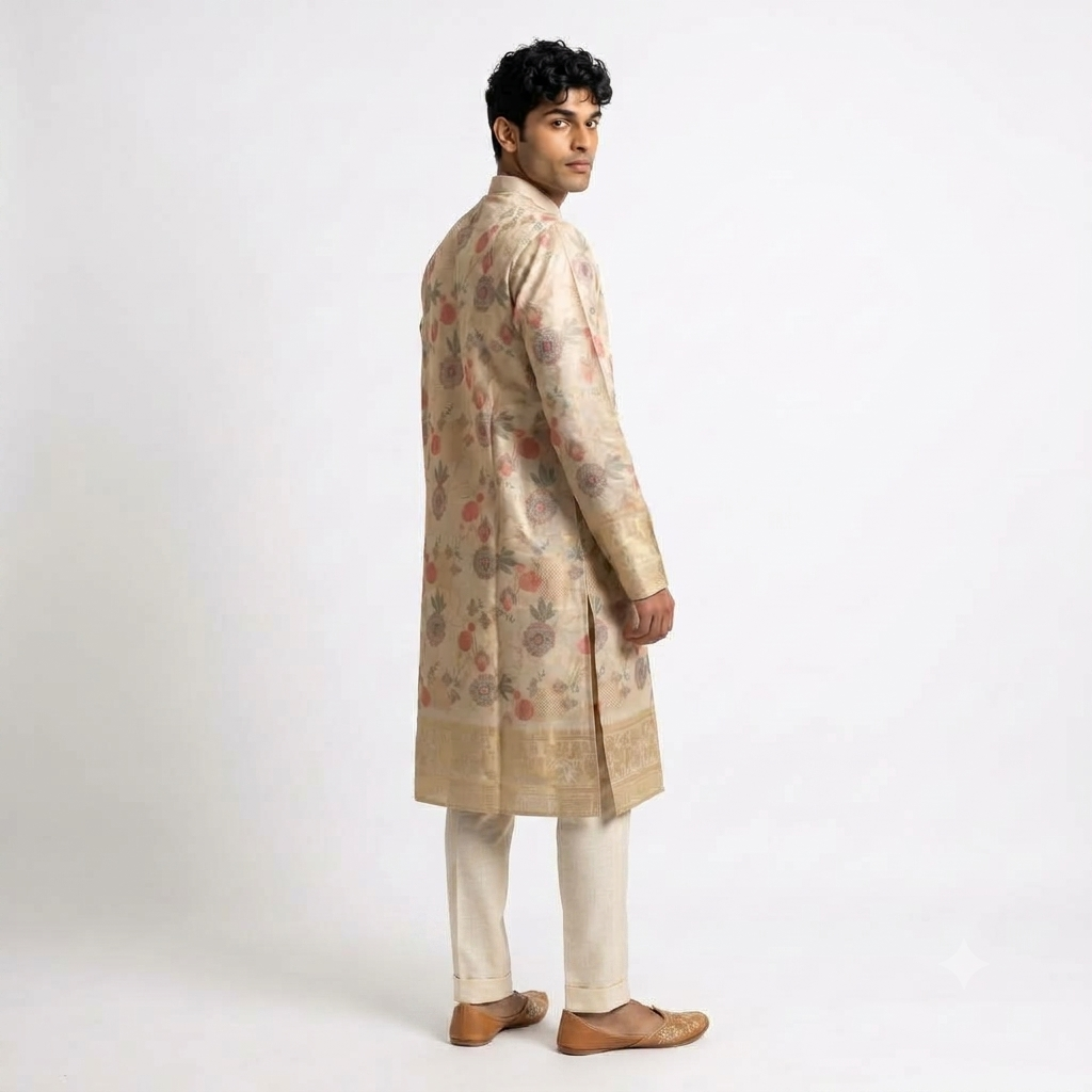 Beige Floral Jacquard Silk Kurta Set(50051)