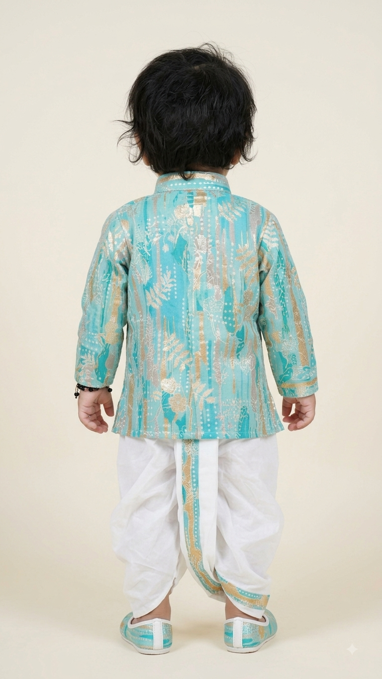 Turquoise Foil Printed Dhoti Kurta & Mojari Set(1325)