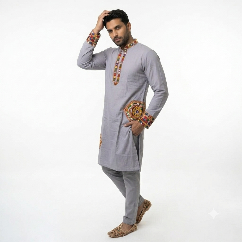 Men’s Light Grey Kutchi Embroidered Kurta (2878)