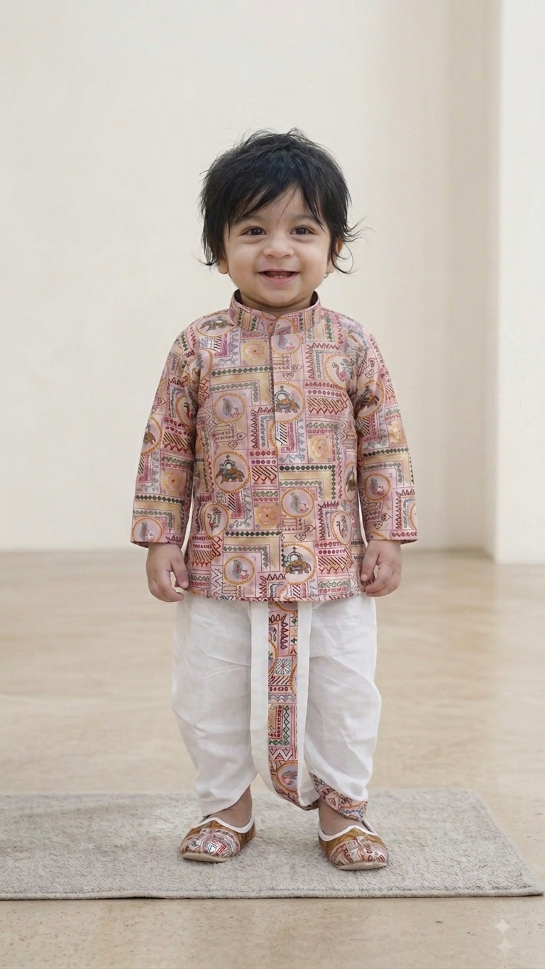 Dusty Pink Folk-Art Printed Dhoti Kurta & Mojari Set(7022)