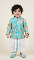 Turquoise Foil Printed Dhoti Kurta & Mojari Set(1325)