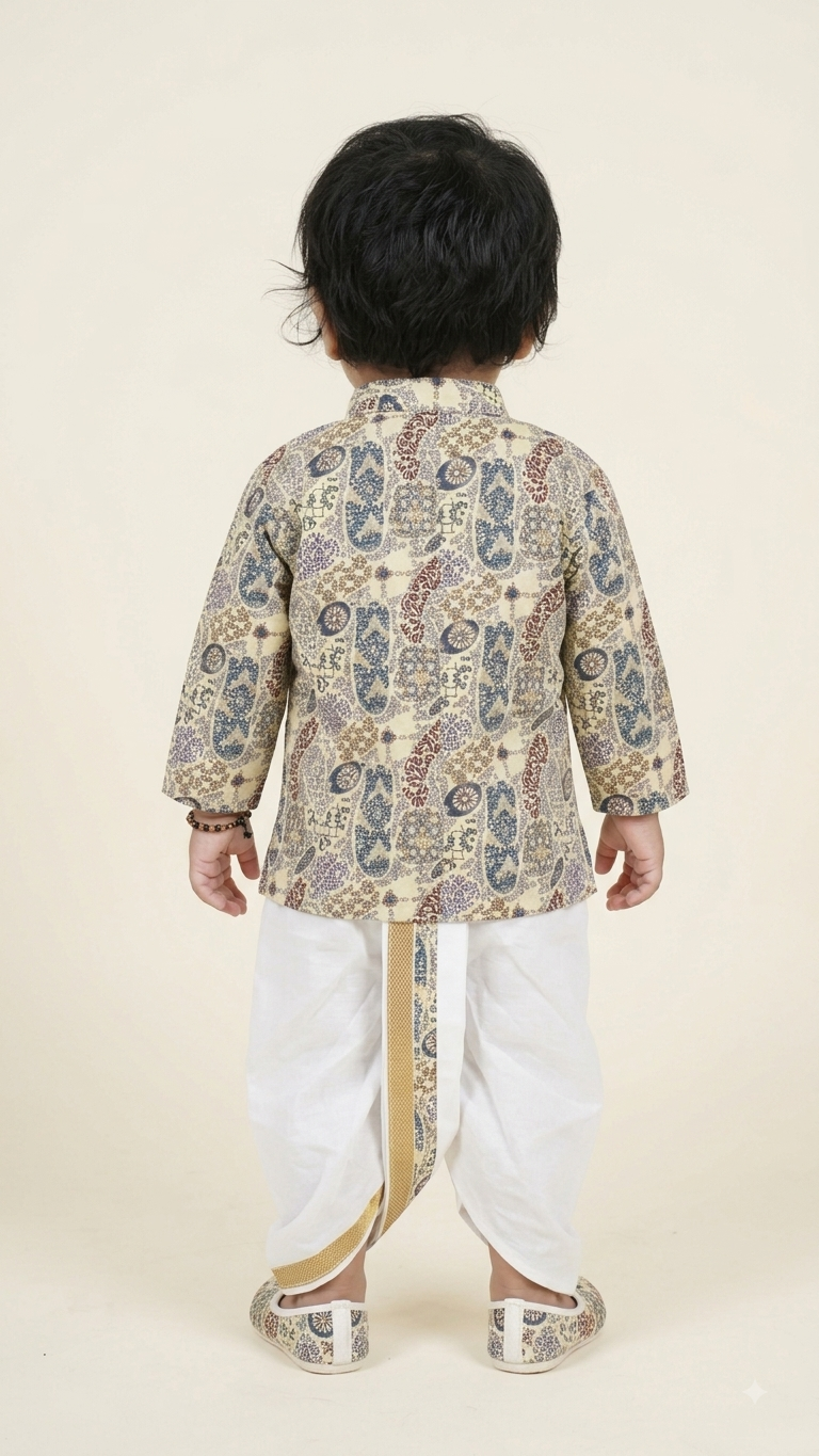 Boys Paisley Printed Cream Kurta with Dhoti Set(7027)
