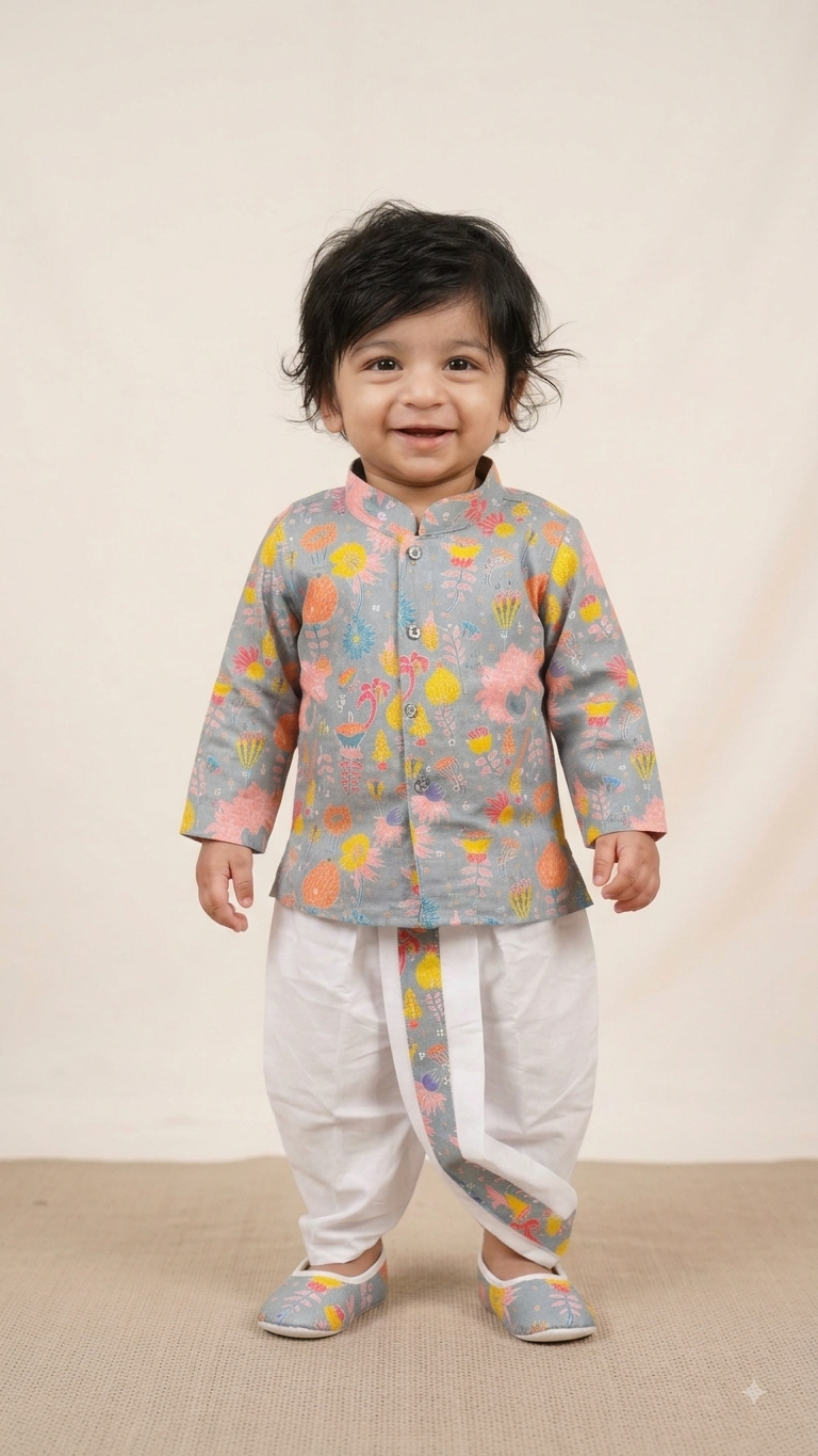 Baby Boy Floral Print Dhoti Kurta & Mojari Set (7029)