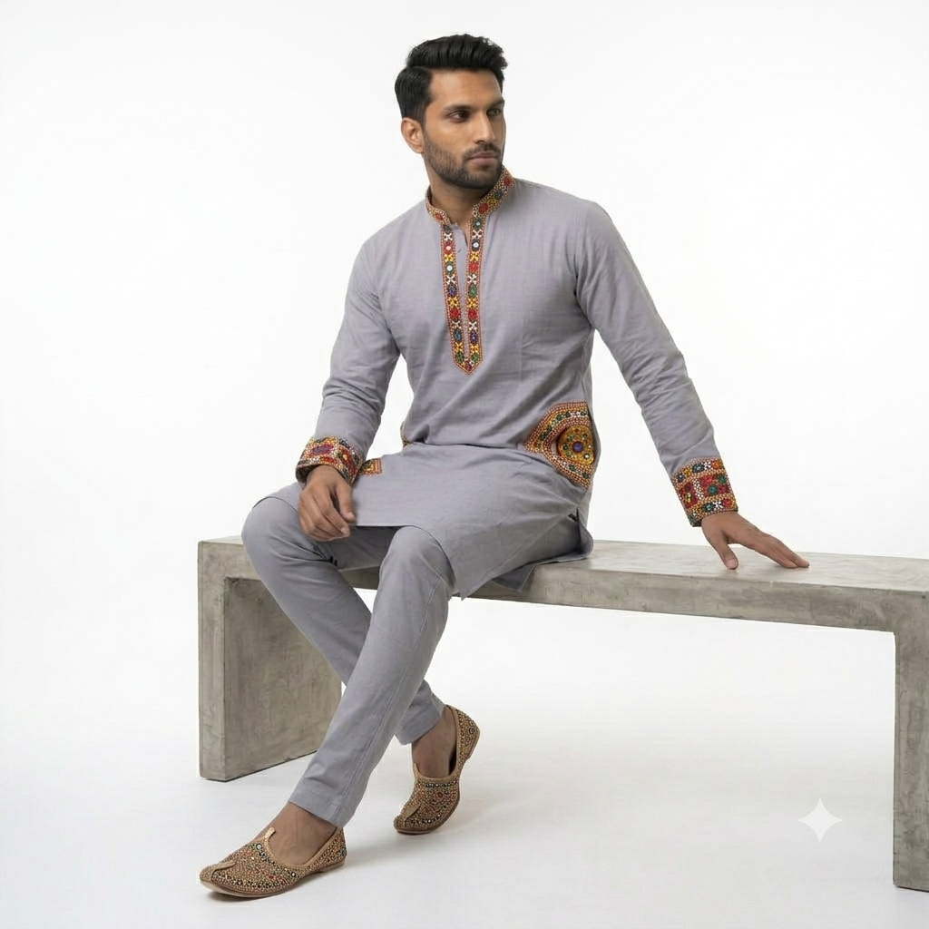 Men’s Light Grey Kutchi Embroidered Kurta (2878)