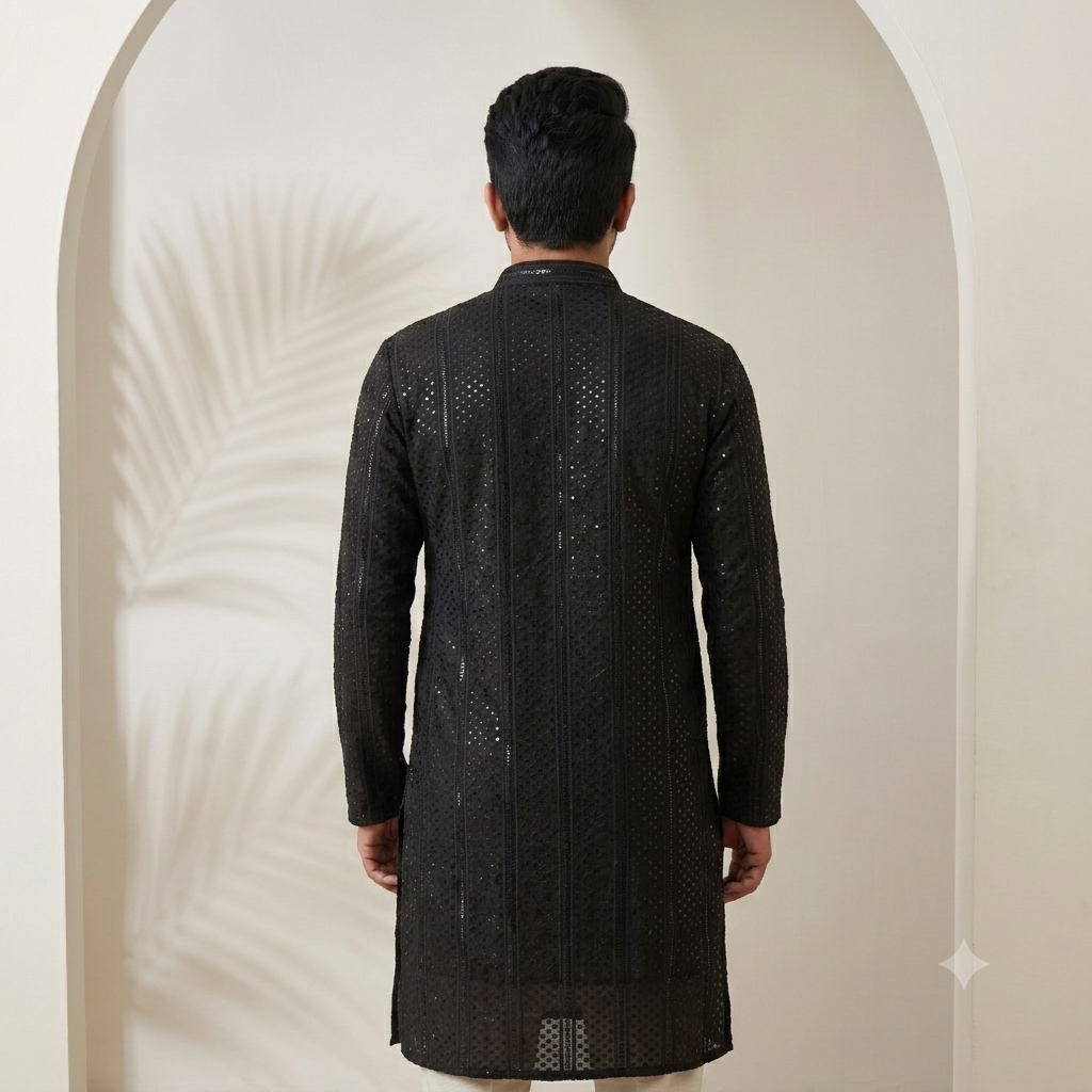 Midnight Onyx Mirror-Work Chikankari Kurta(5801)