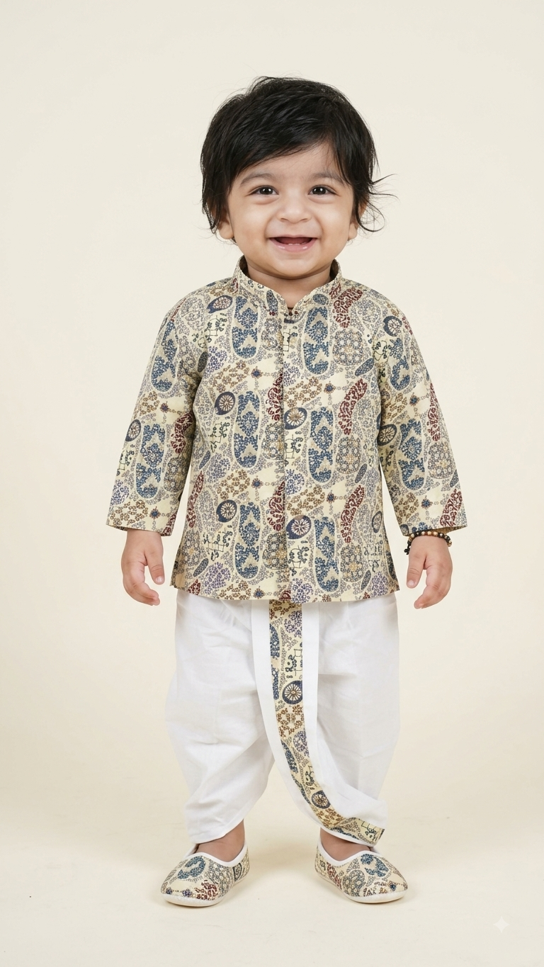 Boys Paisley Printed Cream Kurta with Dhoti Set(7027)