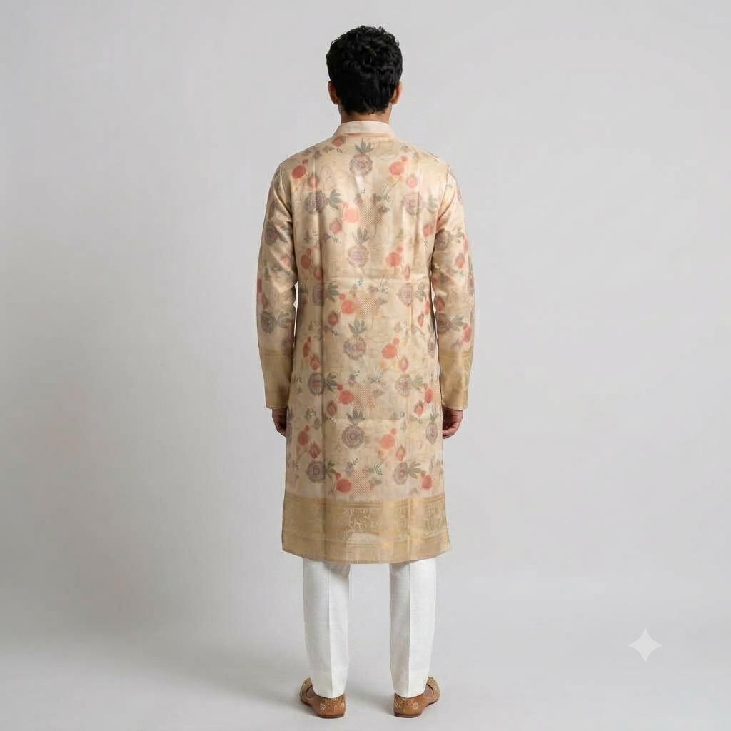 Beige Floral Jacquard Silk Kurta Set(50051)