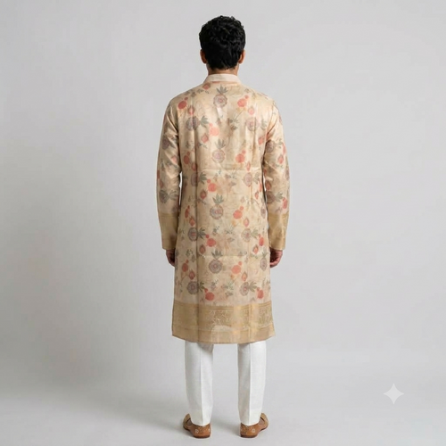 Beige Floral Jacquard Silk Kurta Set(50051)