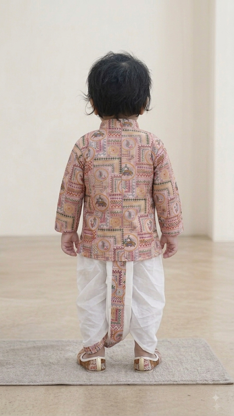 Dusty Pink Folk-Art Printed Dhoti Kurta & Mojari Set(7022)