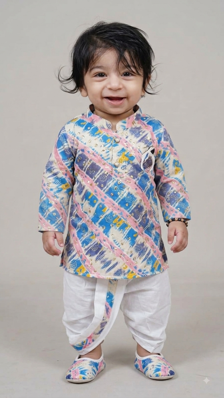 Boys' Geometric Shibori Print Kurta and Dhoti Set(1308)
