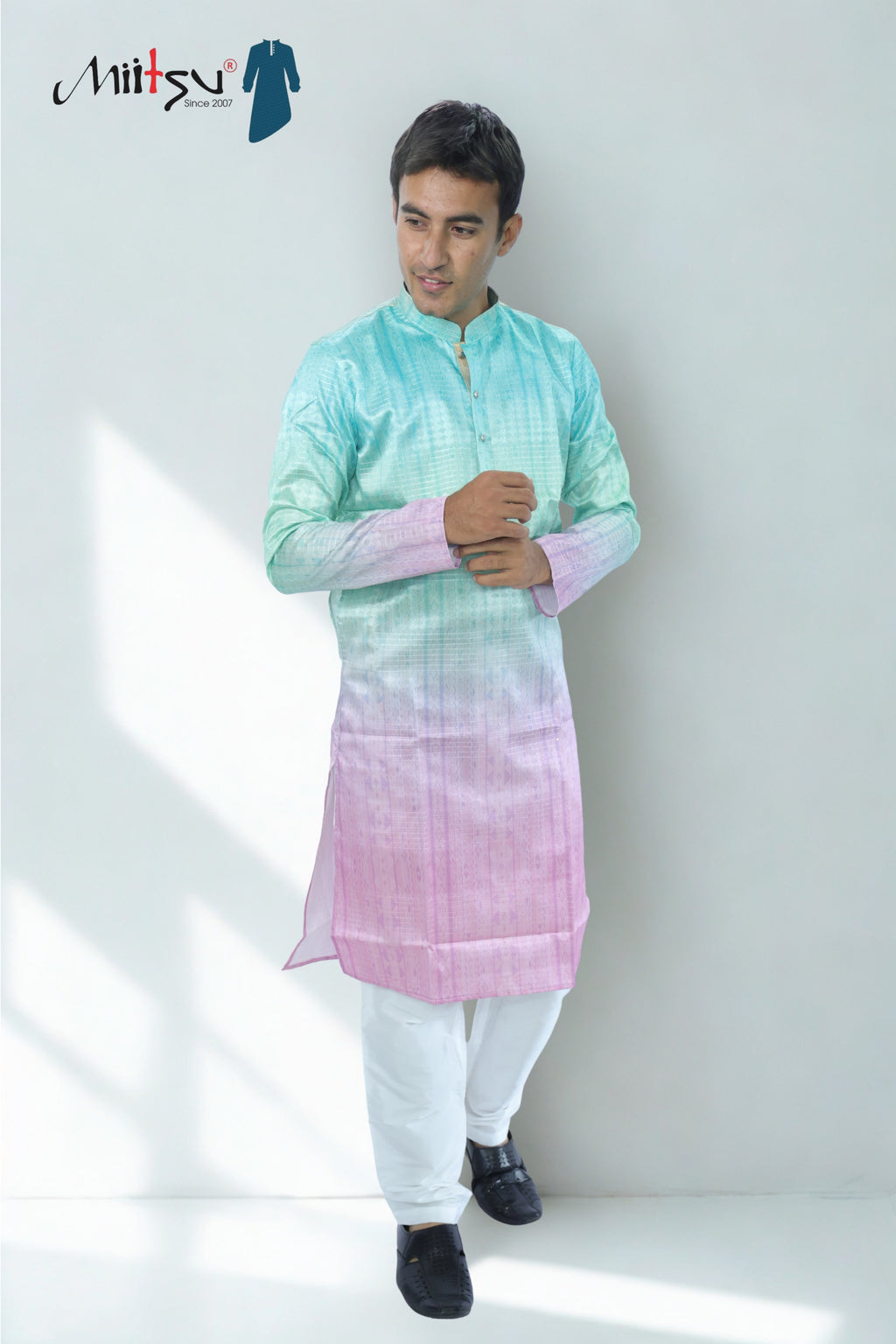 Men’s Pastel Ombre Kurta – Mint to Lilac Silk Shine | Trendy Festive Kurta for Day Events(2020)