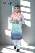 Men’s Sunset Ombre Kurta – Peach, Mint &amp; Indigo Gradient | Trendy Festive Kurta for Modern Ethnic Wear(2020)