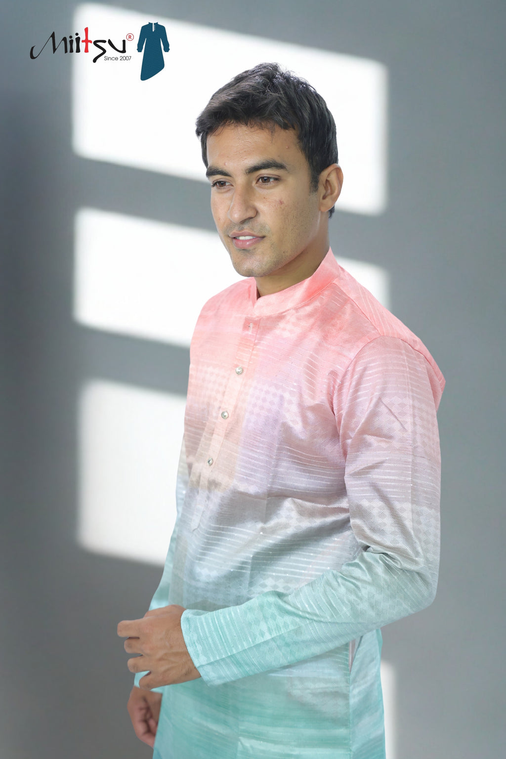 Men’s Sunset Ombre Kurta – Peach, Mint &amp; Indigo Gradient | Trendy Festive Kurta for Modern Ethnic Wear(2020)