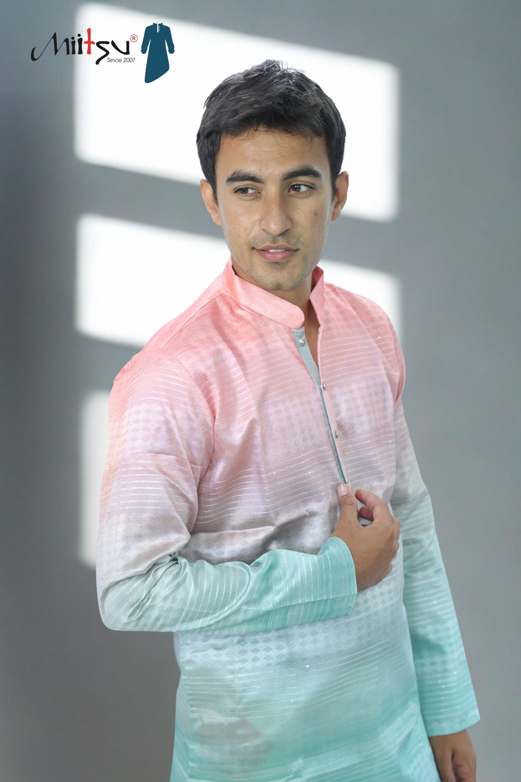 Men’s Sunset Ombre Kurta – Peach, Mint &amp; Indigo Gradient | Trendy Festive Kurta for Modern Ethnic Wear(2020)