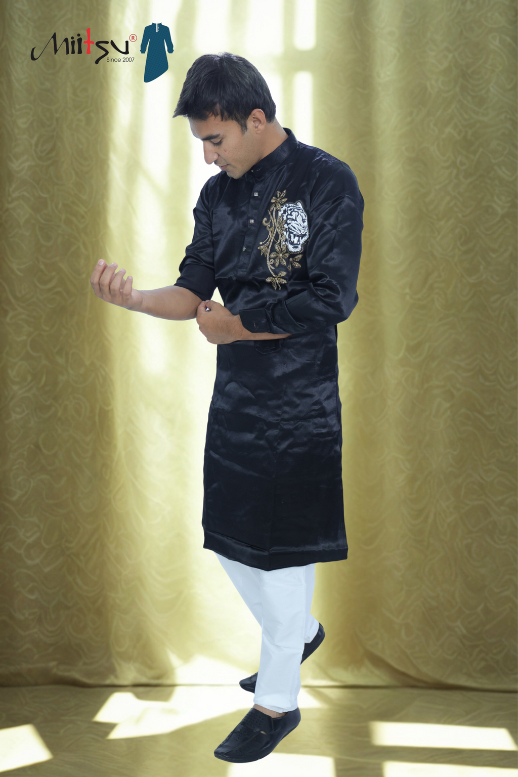 Midnight Majesty Kurta with Tiger Patchwork (ST18)