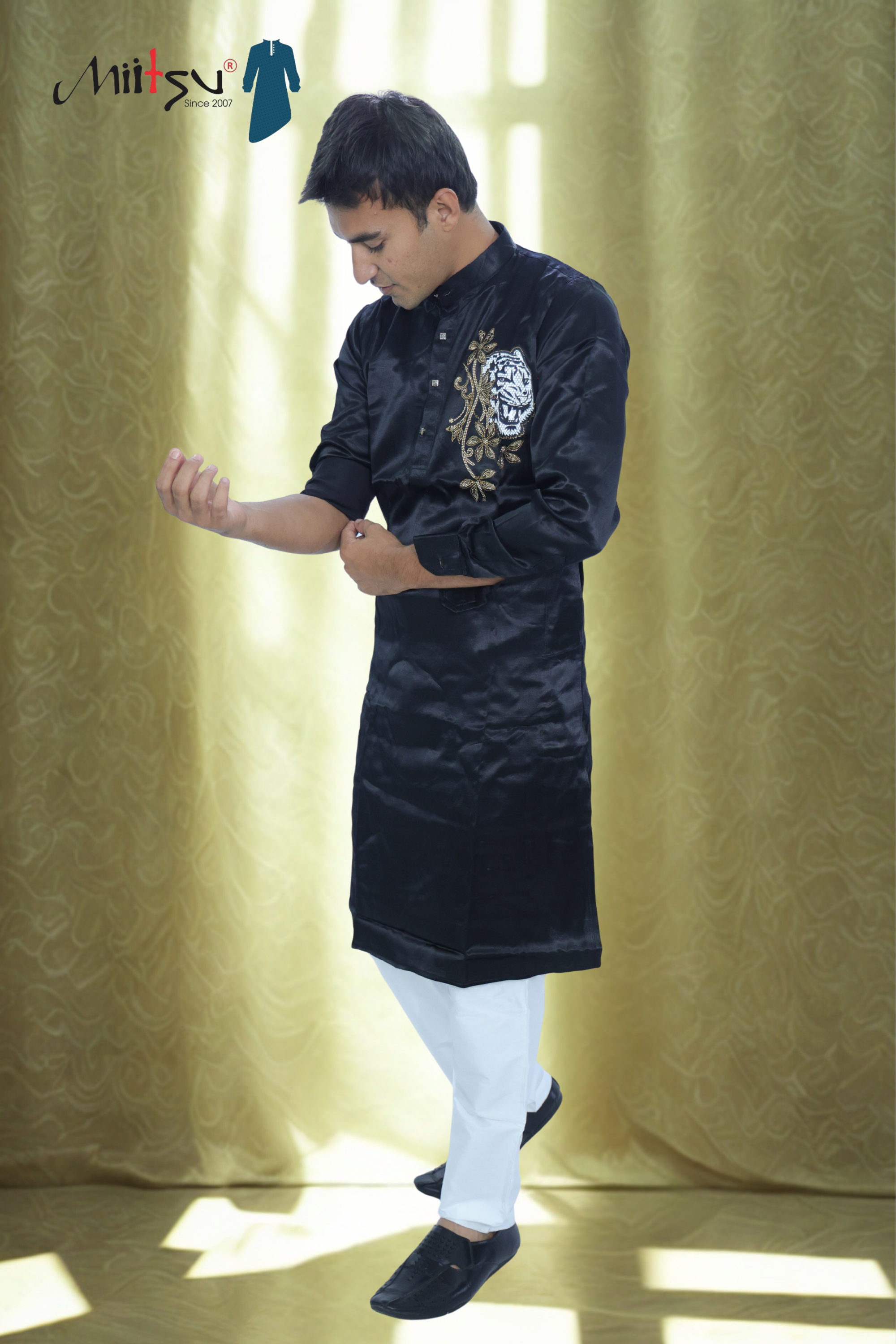 Midnight Majesty Kurta with Tiger Patchwork (ST18)