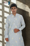 Men's Light Grey Leaf Embroidered Kurta-Pyjama Set (4840)