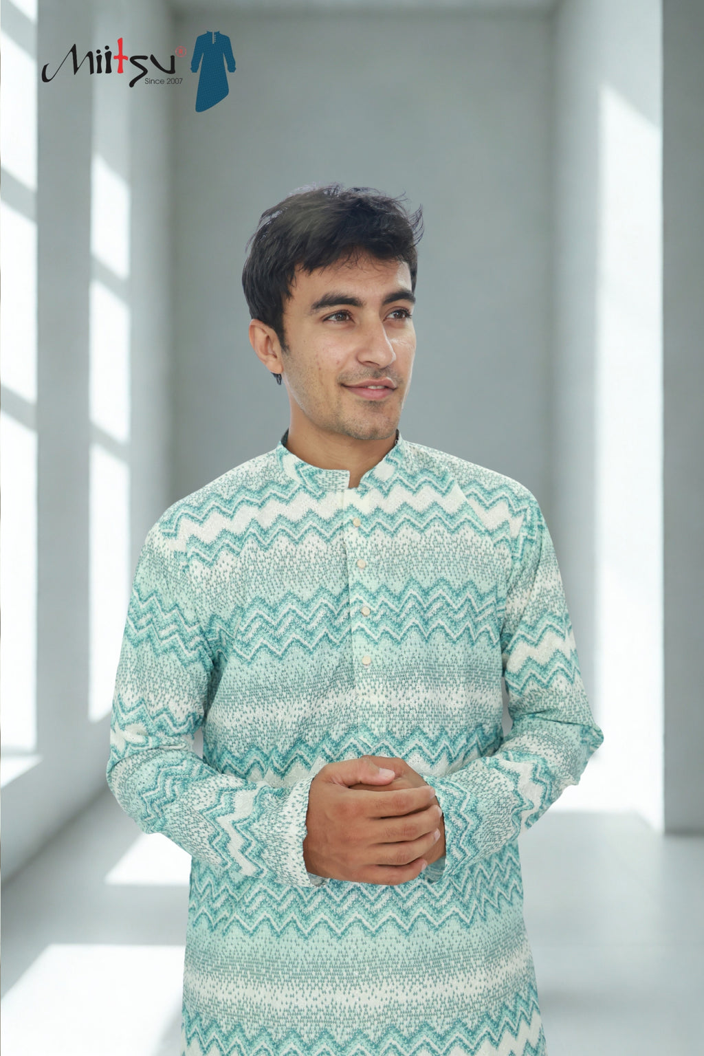 Men’s Aqua Chevron Printed Kurta Set (1605)
