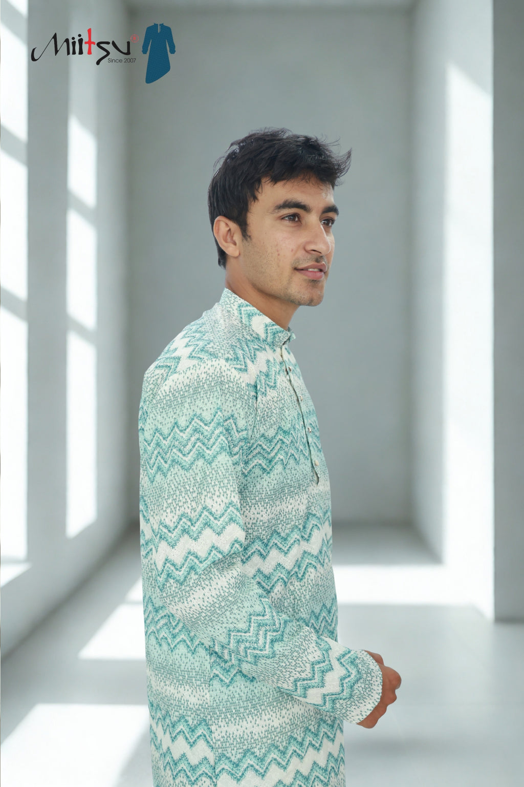 Men’s Aqua Chevron Printed Kurta Set (1605)