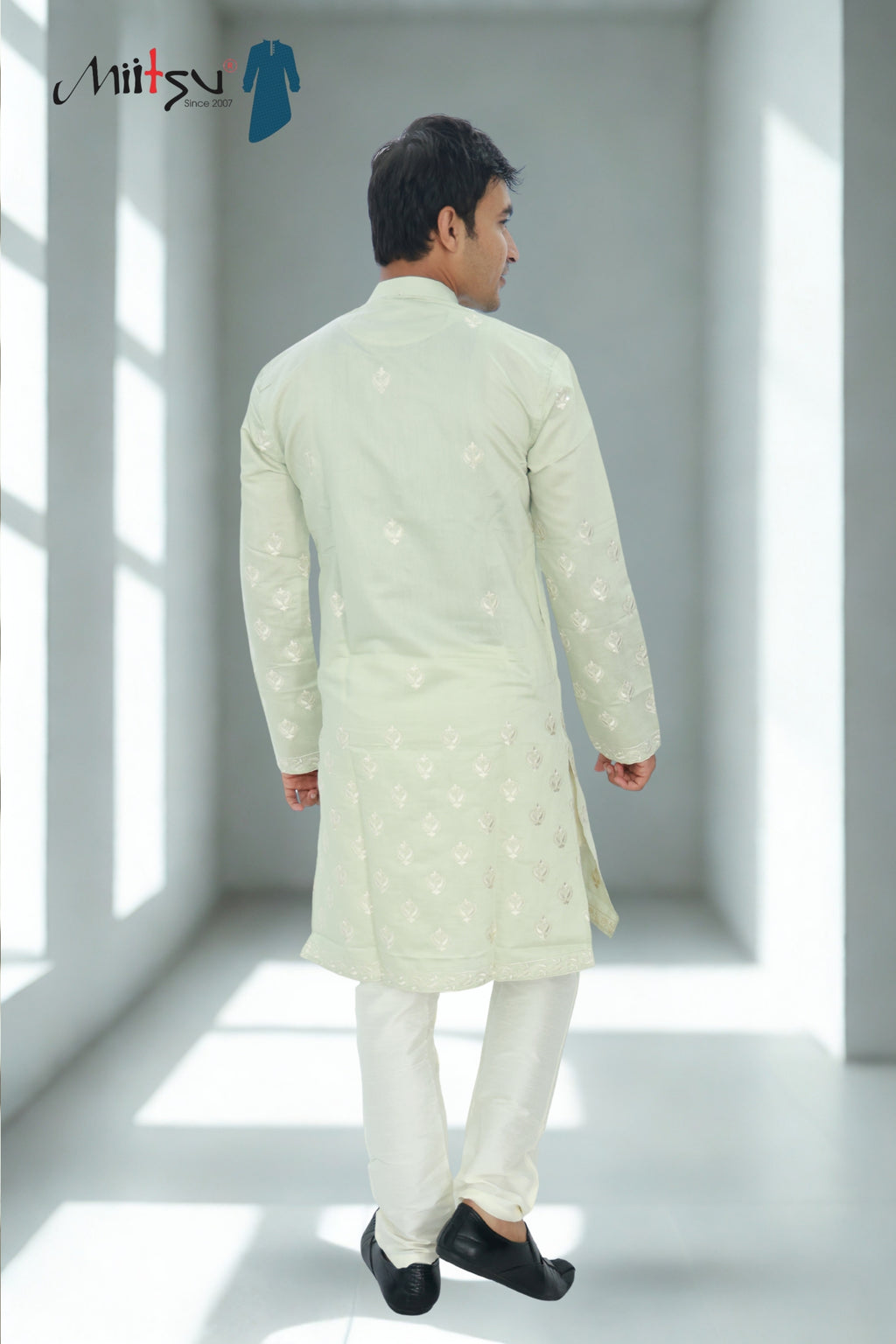 Men’s Pistachio Green Kurta Set with Subtle Gold Embroidery (85169)