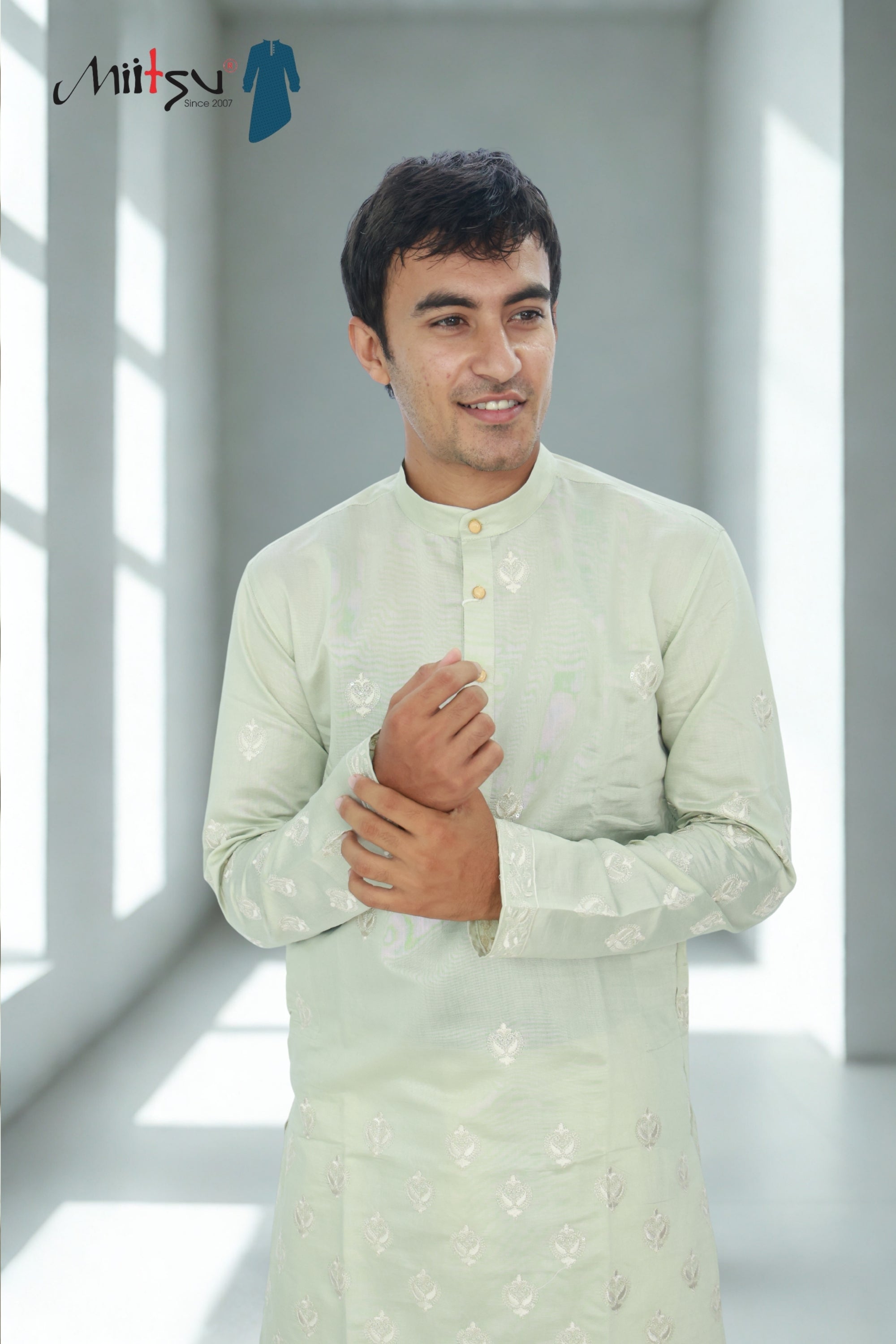 Men’s Pistachio Green Kurta Set with Subtle Gold Embroidery (85169)