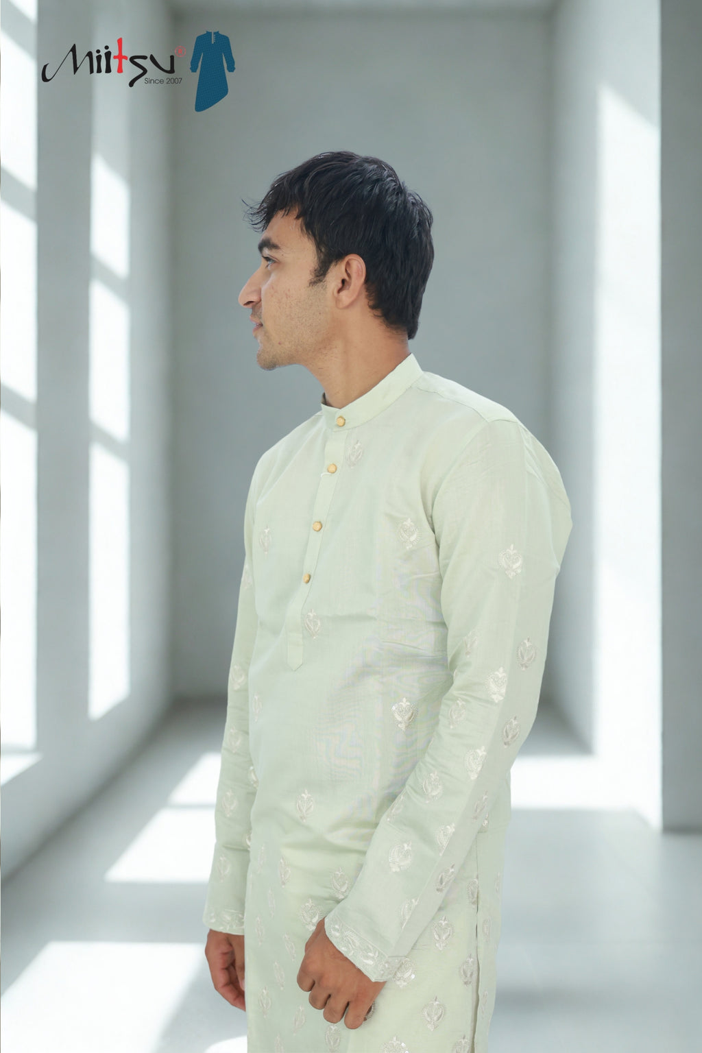 Men’s Pistachio Green Kurta Set with Subtle Gold Embroidery (85169)