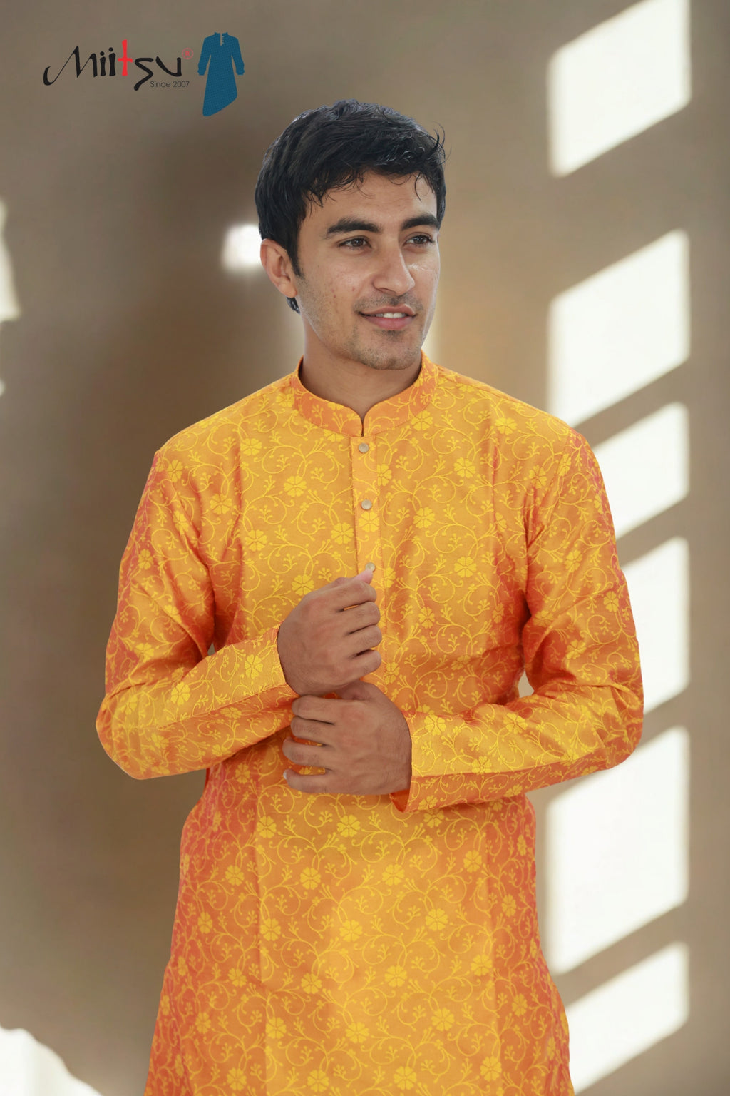 Men's Festive Yellow Brocade Print Kurta (2299)