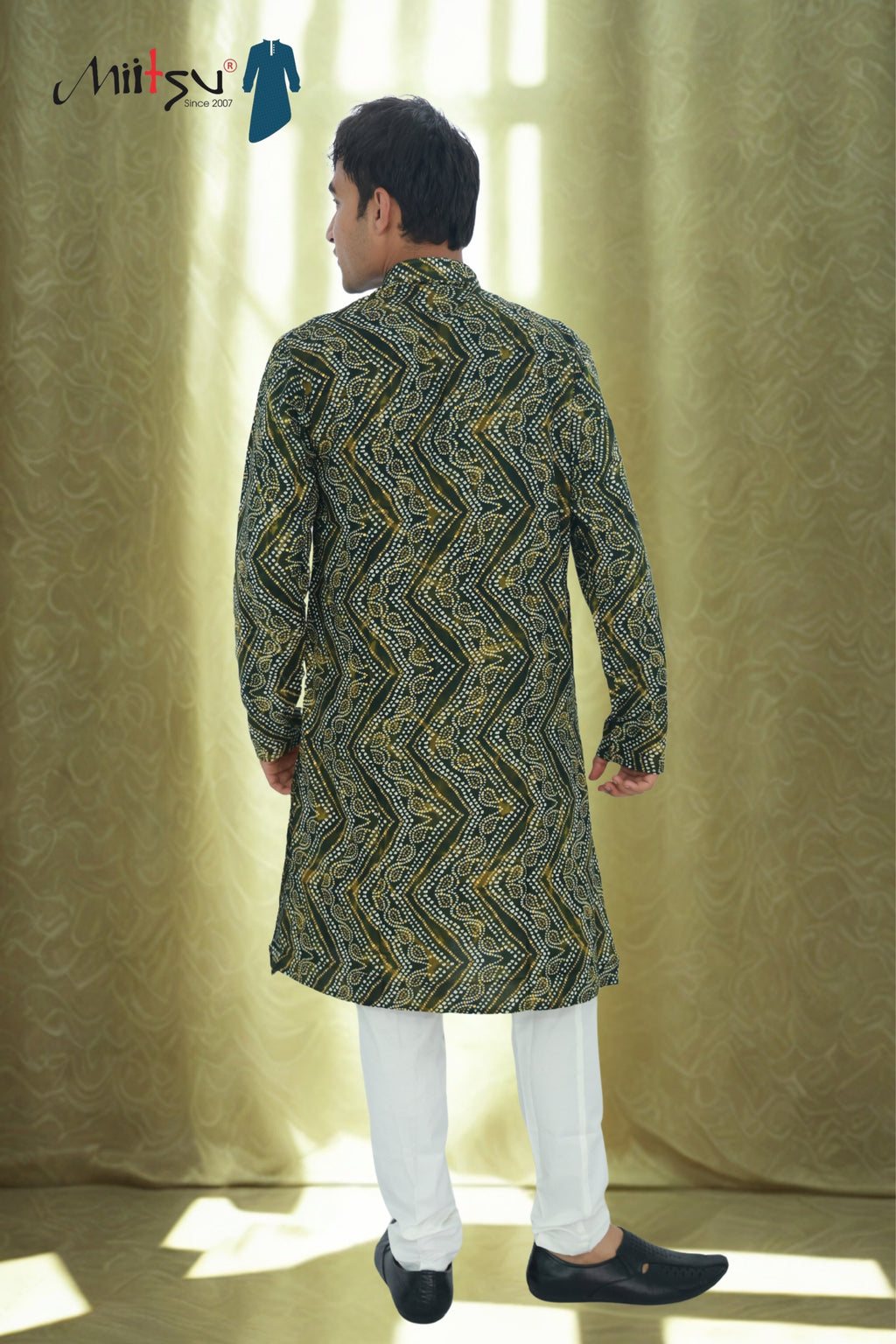 Men's Deep Olive Bandhani Print Cotton Kurta (R12)