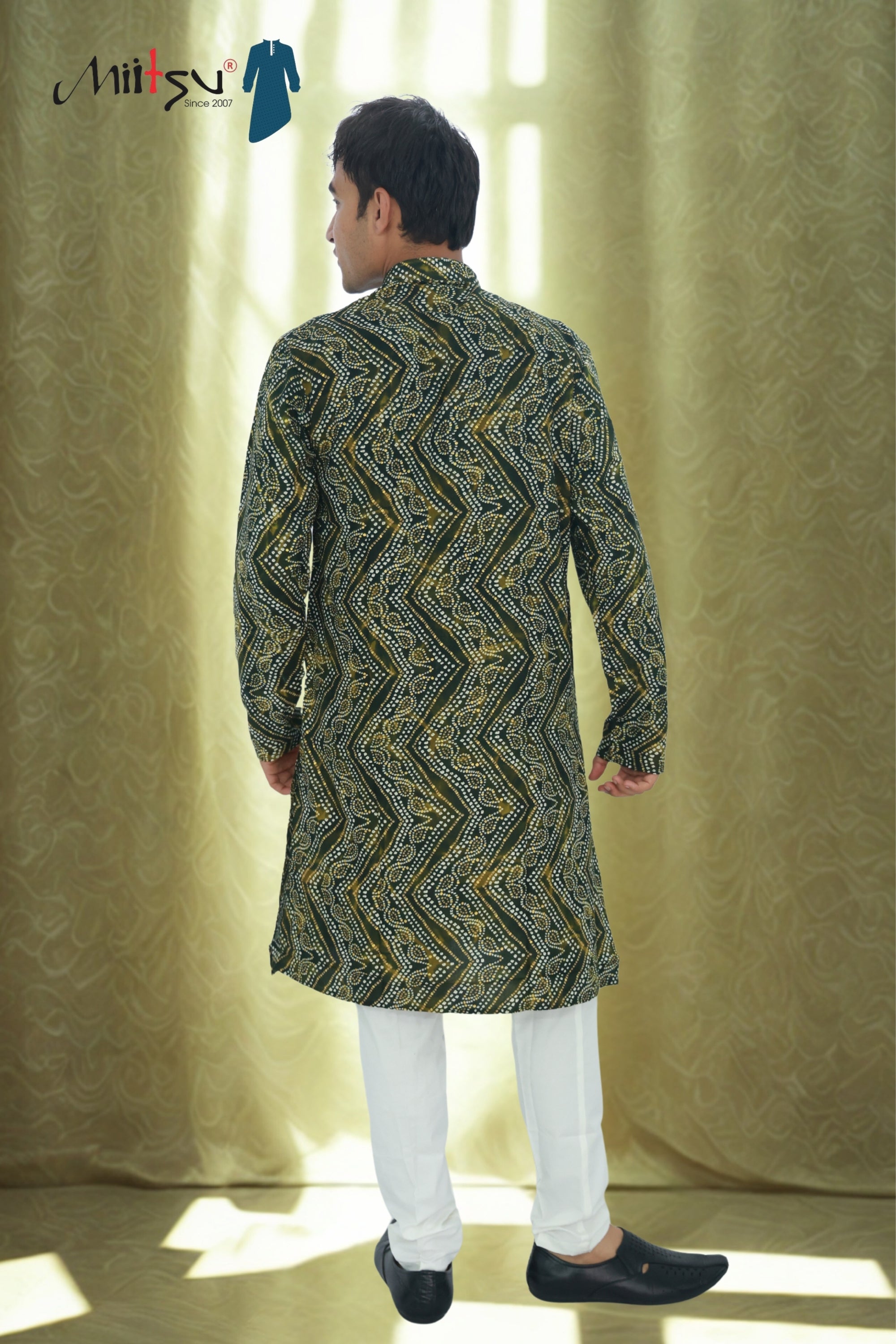 Men's Deep Olive Bandhani Print Cotton Kurta (R12)