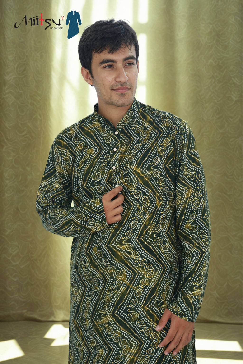 Men's Deep Olive Bandhani Print Cotton Kurta (R12)