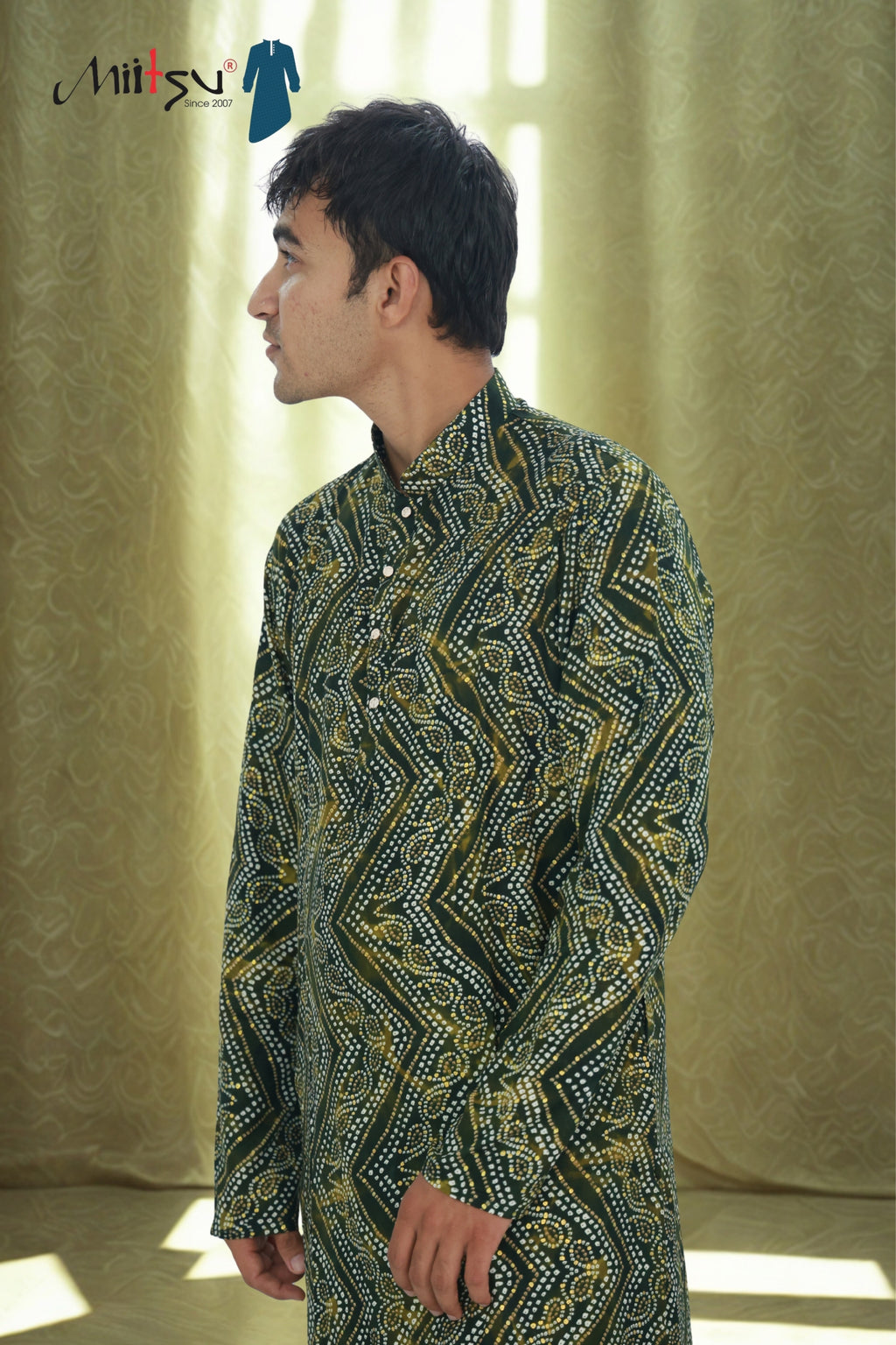 Men's Deep Olive Bandhani Print Cotton Kurta (R12)