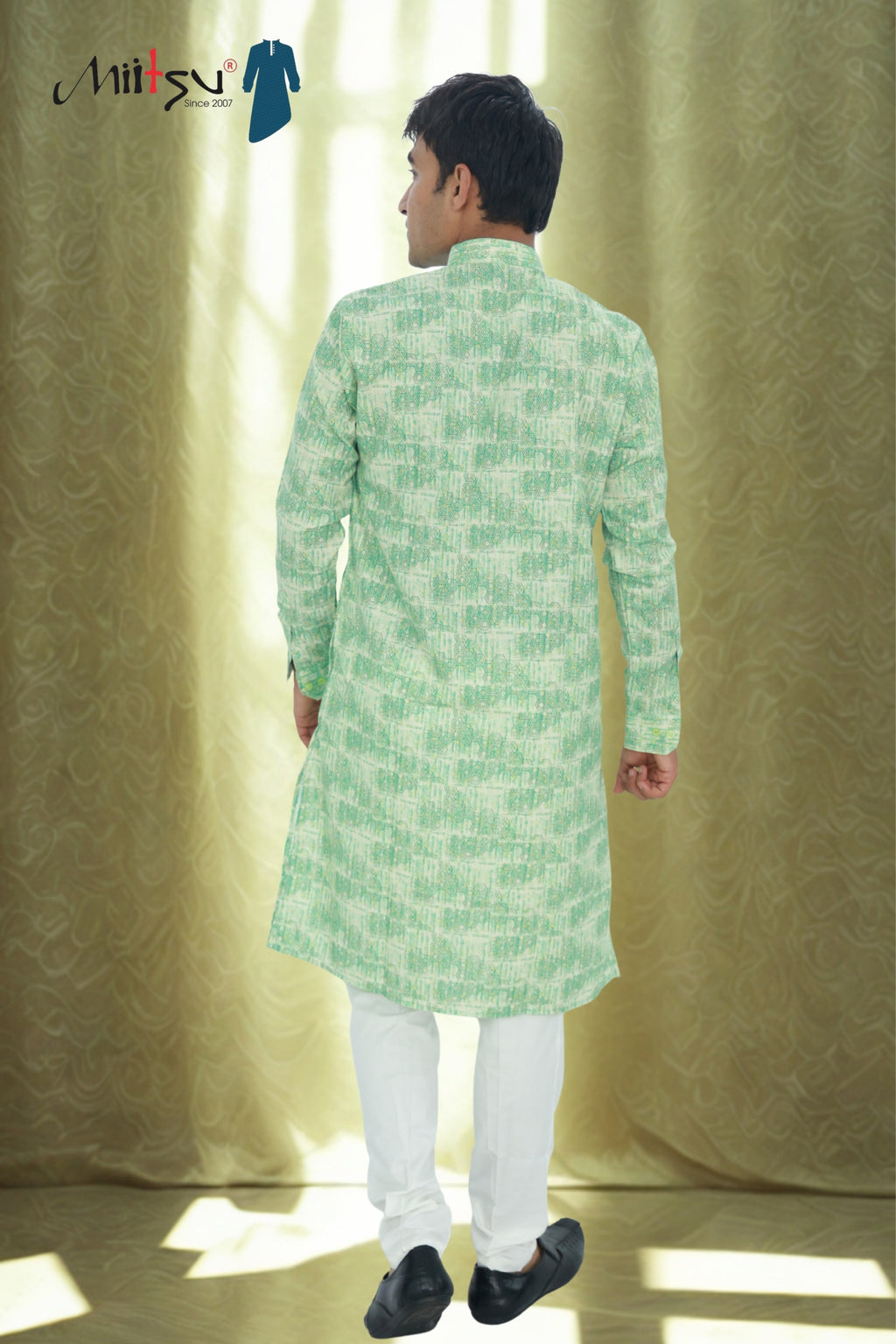 Men's Mint Green Geometric Print Cotton Kurta (6974)