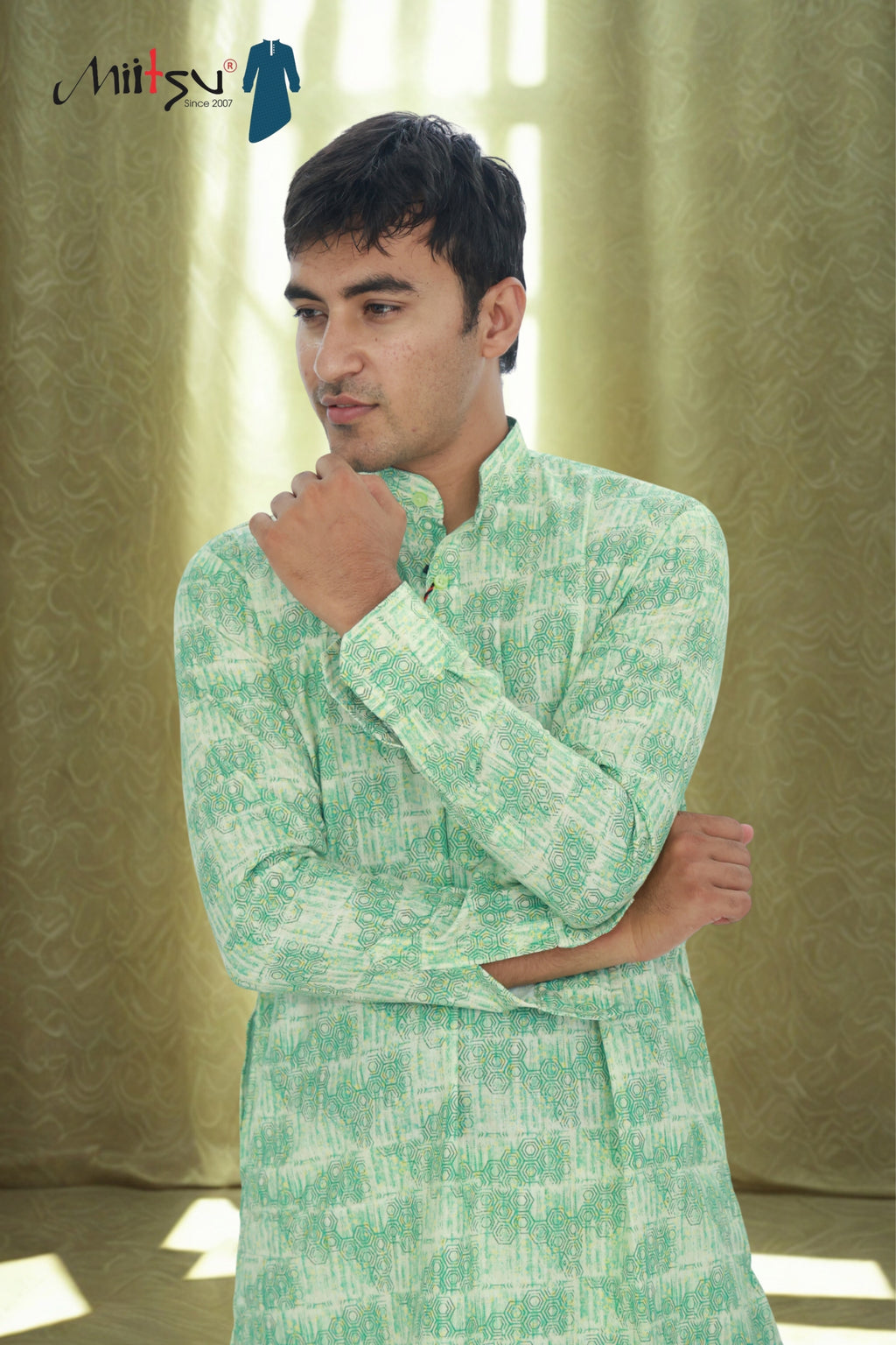 Men's Mint Green Geometric Print Cotton Kurta (6974)