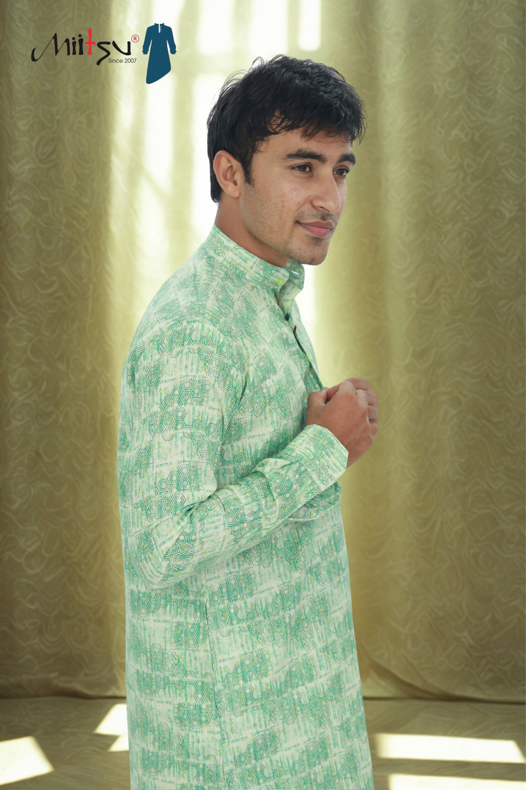 Men's Mint Green Geometric Print Cotton Kurta (6974)