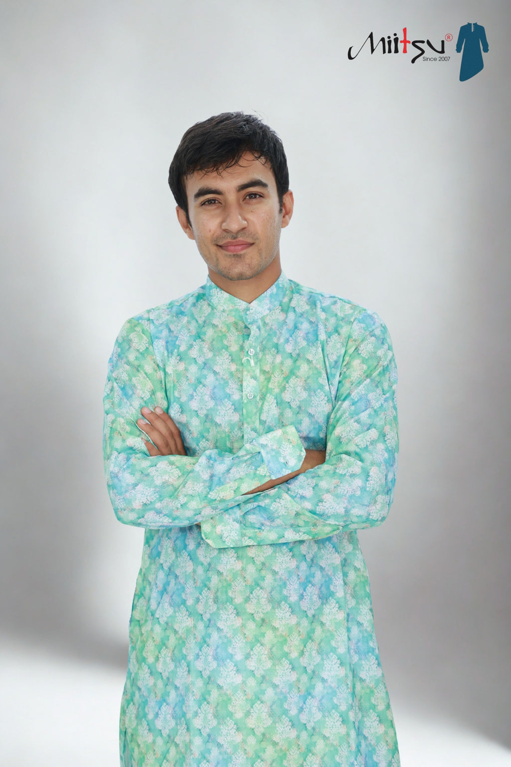 Men's Pistachio Floral Cotton Kurta (1204)