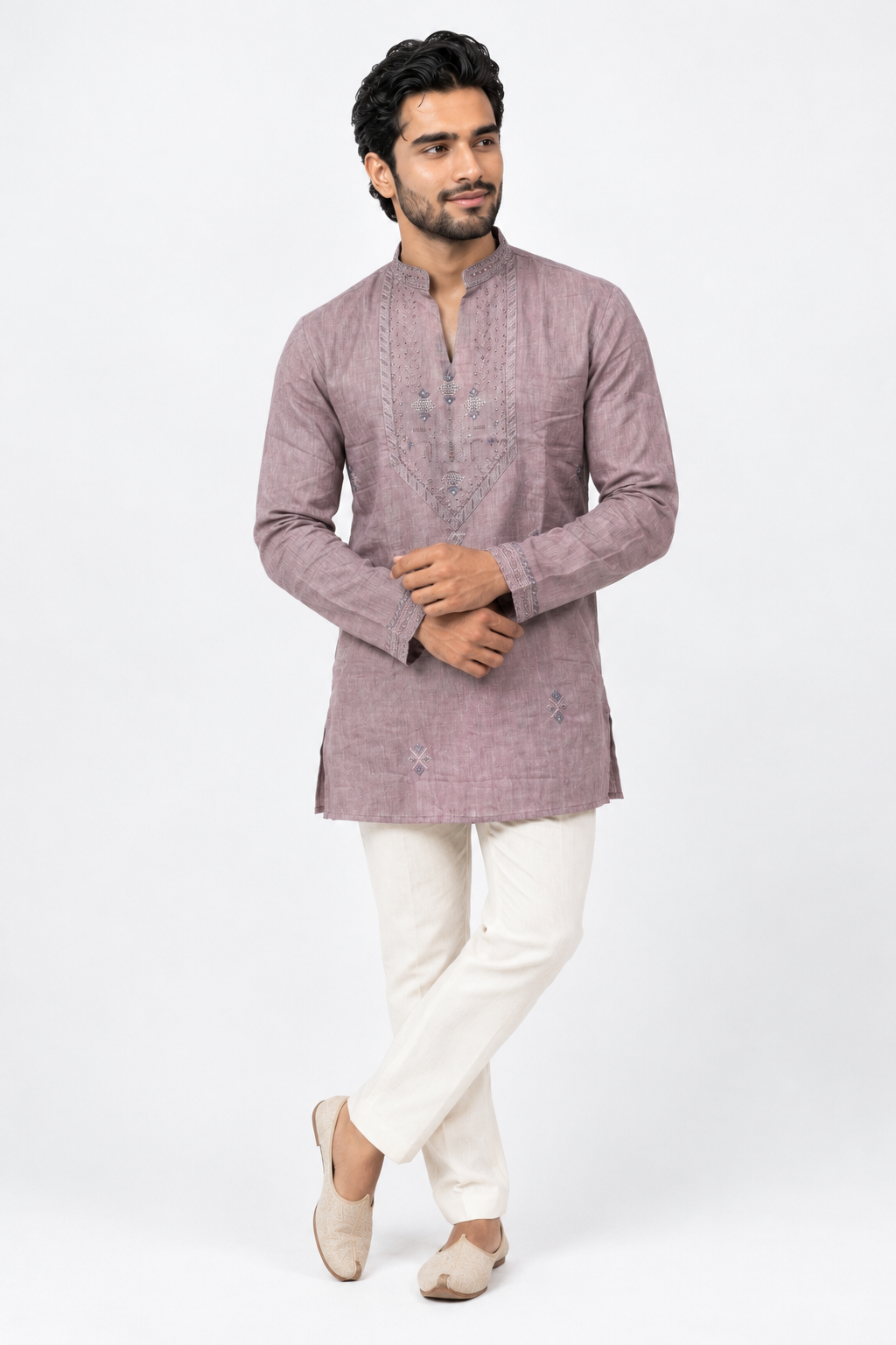 Premium Mauve Grey Embroidered Men's Designer  Short Kurta(7690)