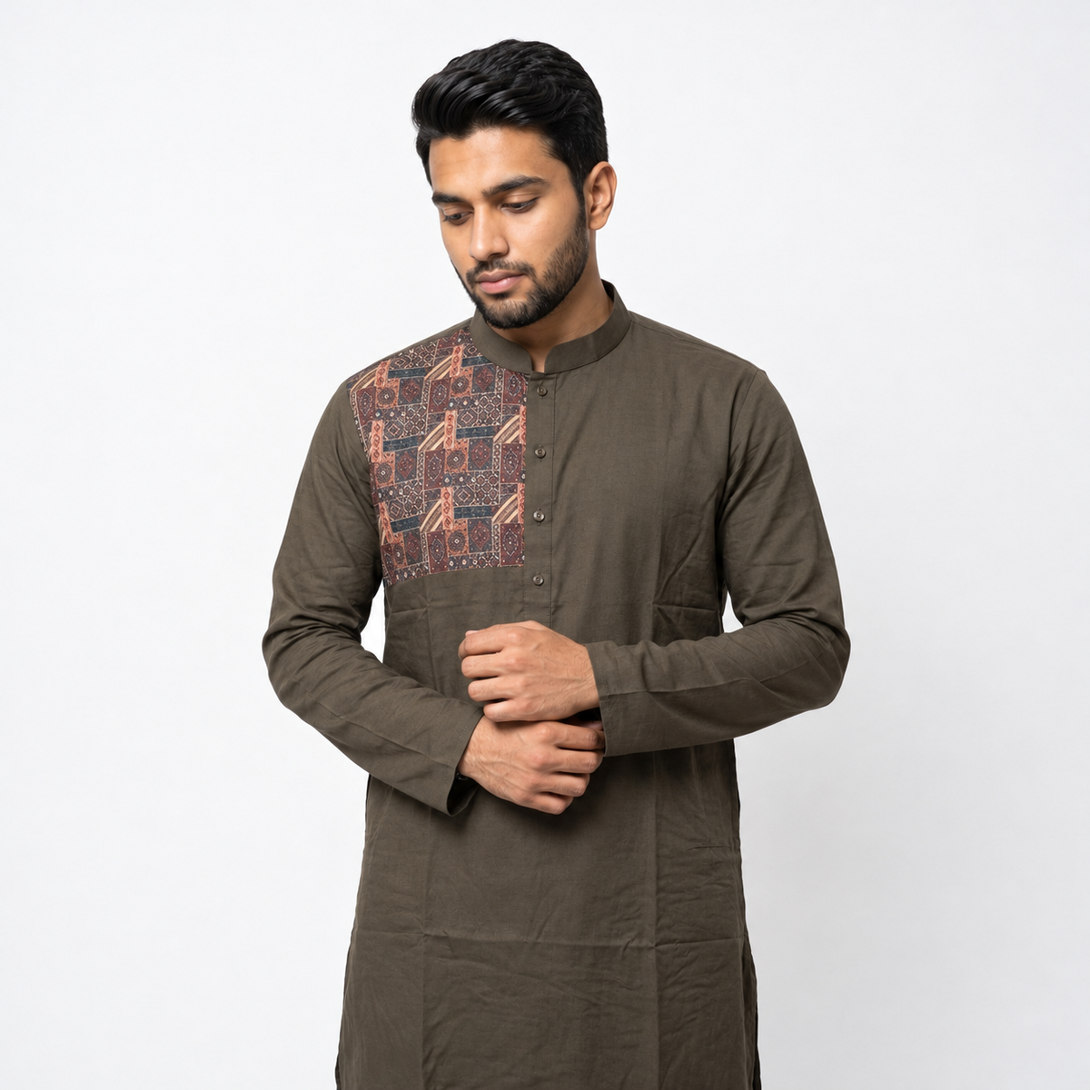Brown Designer Printed Panel Kurta for Men(5053)