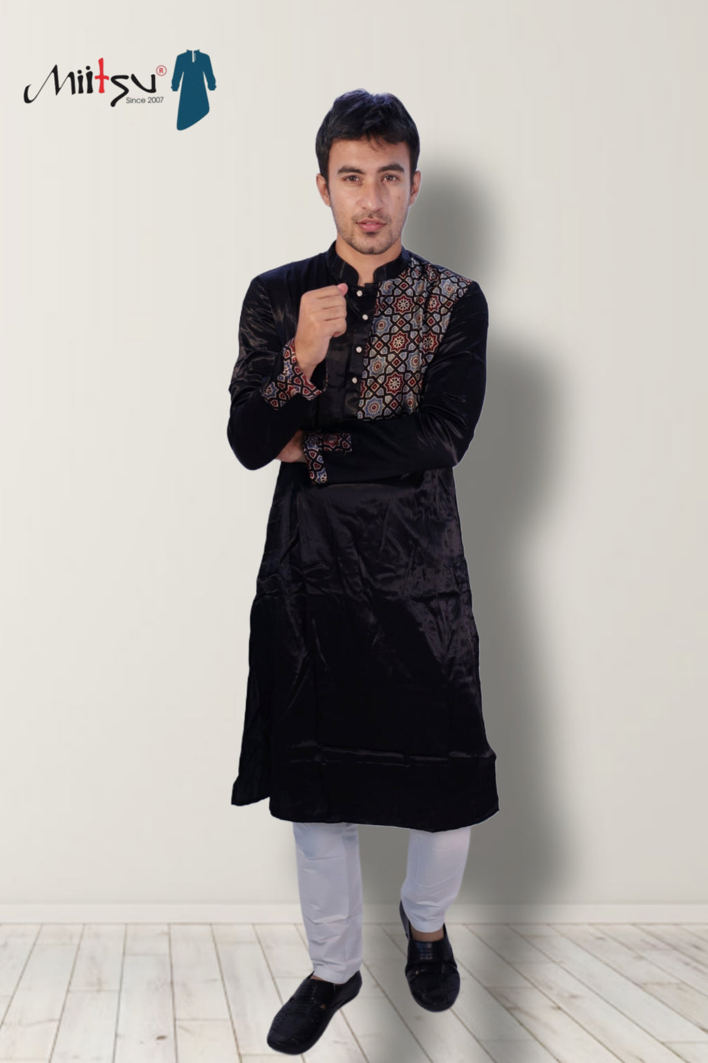 Noir Heritage" – Black Silk Kurta with Ajrakh Accent (2791)