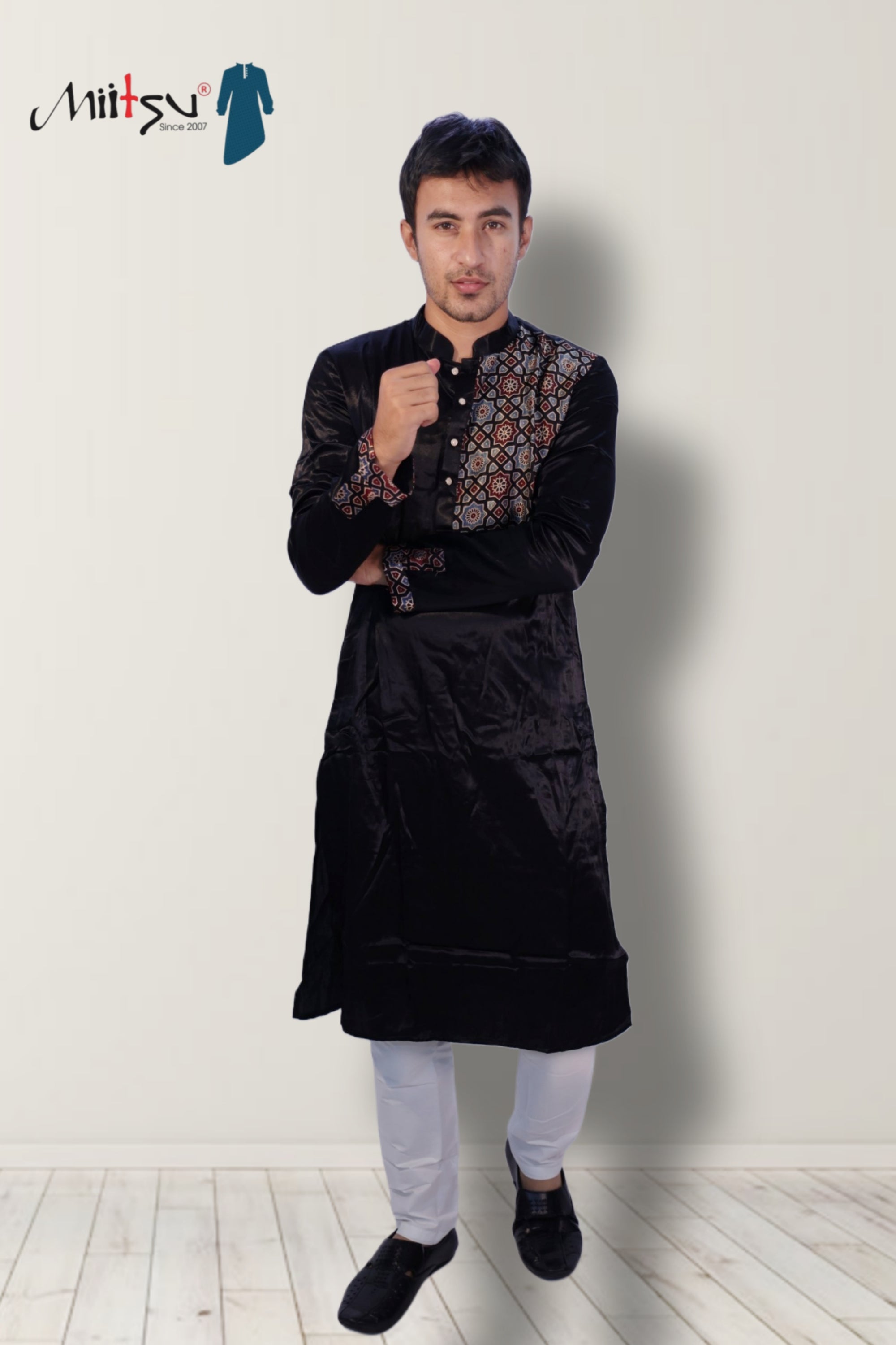Noir Heritage" – Black Silk Kurta with Ajrakh Accent (2791)