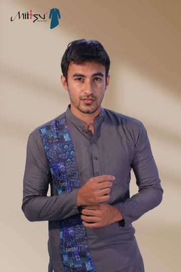 Slate Grey Kurta with Indigo Patch Detailing (5050)