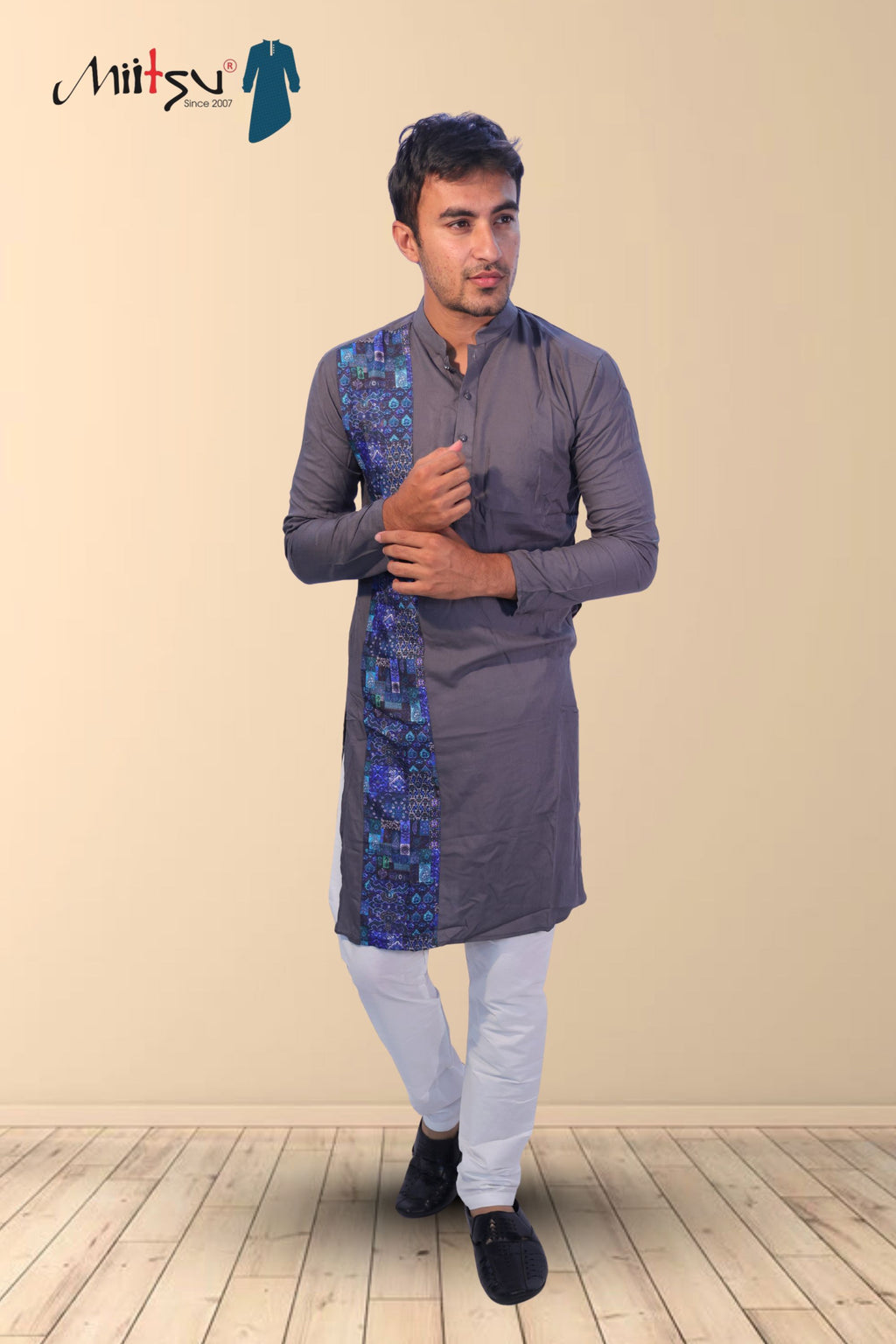 Slate Grey Kurta with Indigo Patch Detailing (5050)
