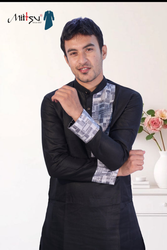 Classic Black Kurta with Contrast Printed Detailing (281)