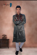Men's Olive Green Silk Kurta with Ajrak-Inspired Embroidery (2792)