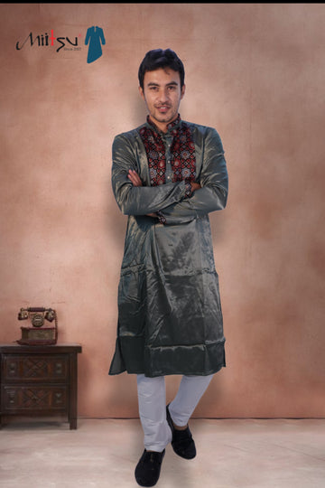 Men's Olive Green Silk Kurta with Ajrak-Inspired Embroidery (2792)
