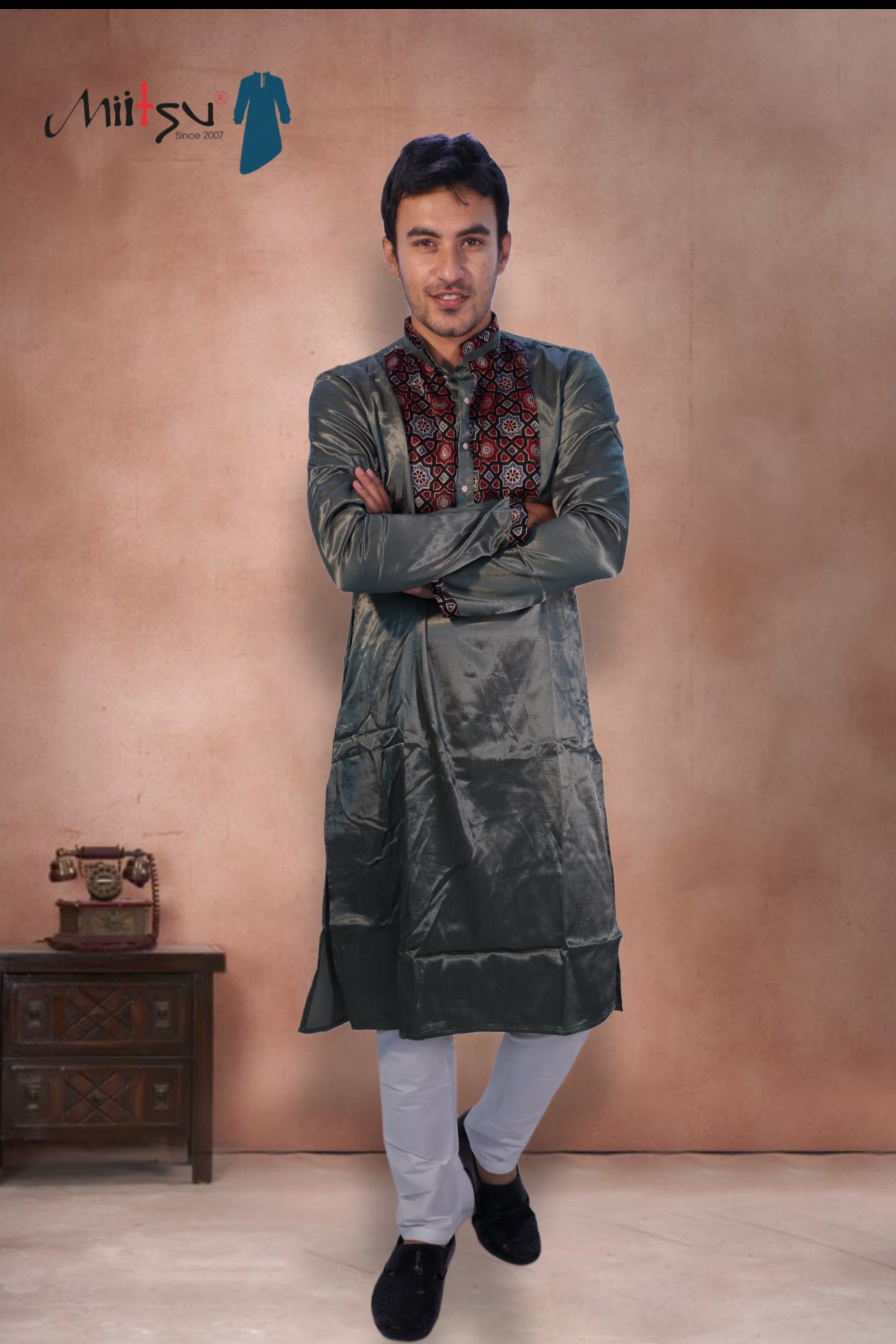 Men's Olive Green Silk Kurta with Ajrak-Inspired Embroidery (2792)