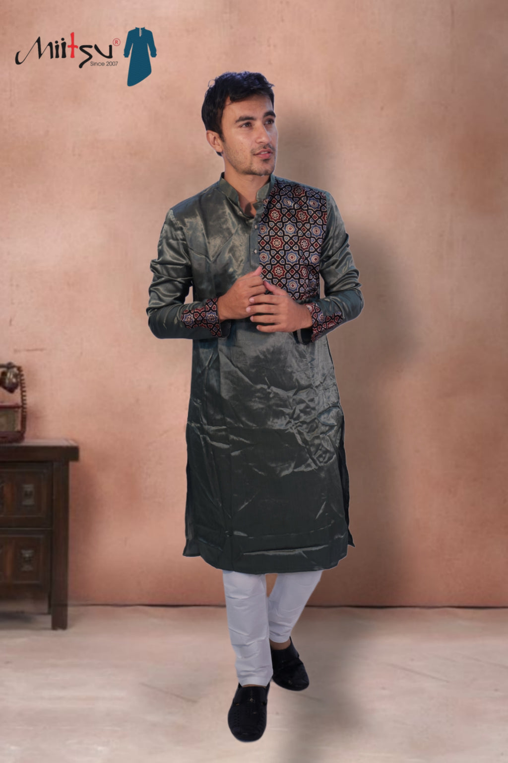 Midnight Charm Ajrakh Detailed Silk Kurta (2791)