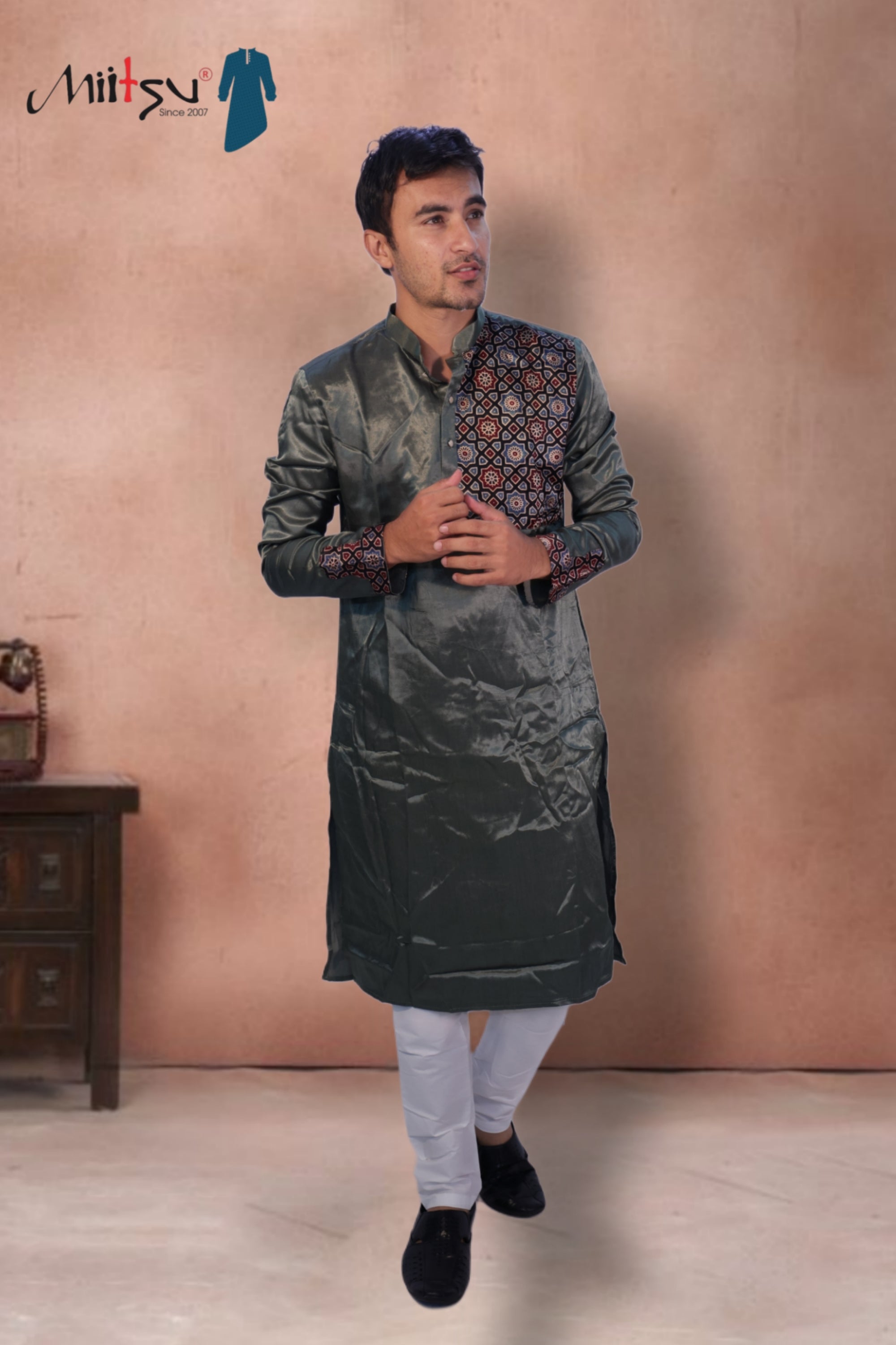 Midnight Charm Ajrakh Detailed Silk Kurta (2791)