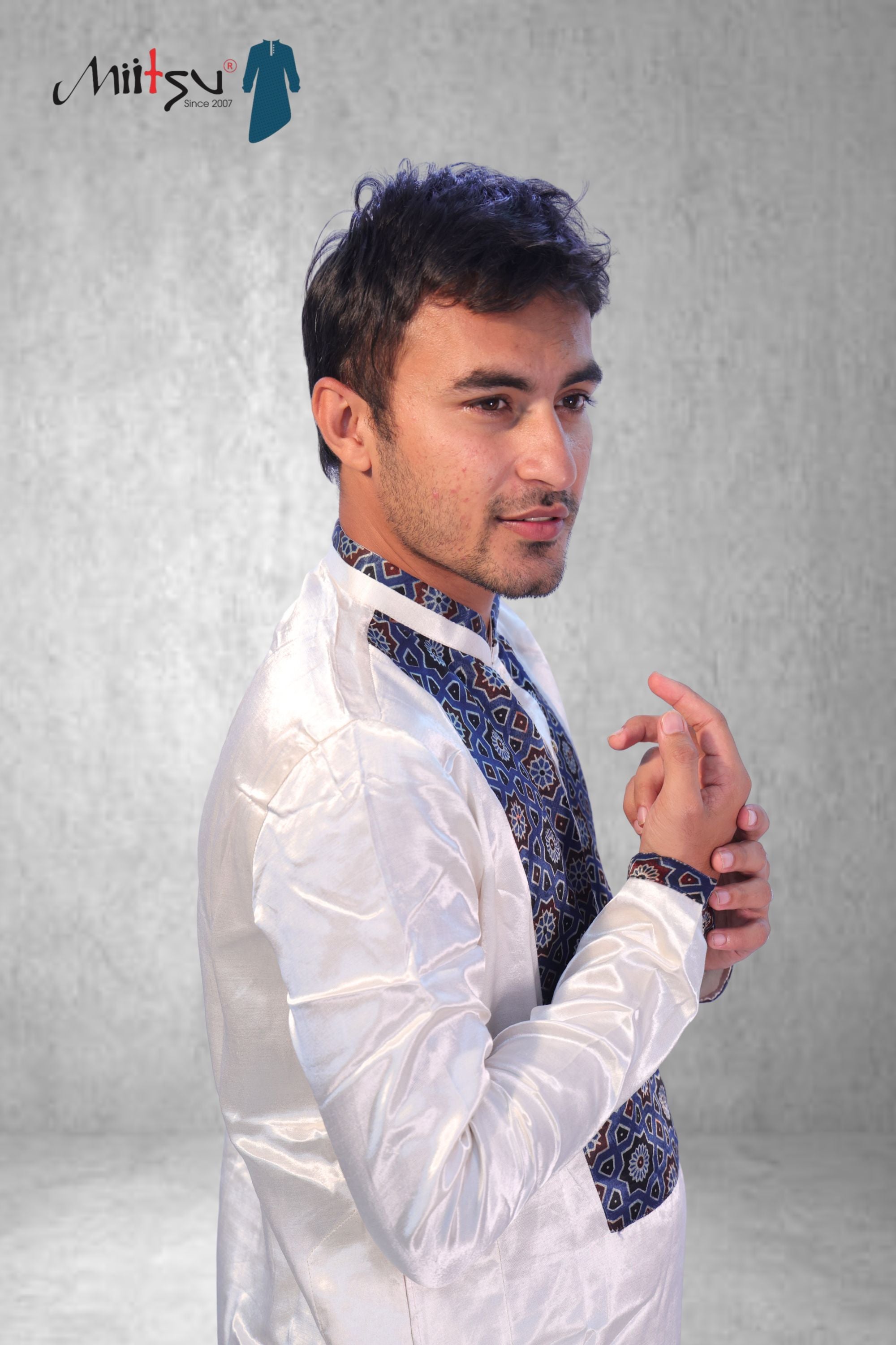 Royal White Ajrakh Detailed Silk Kurta (2792)