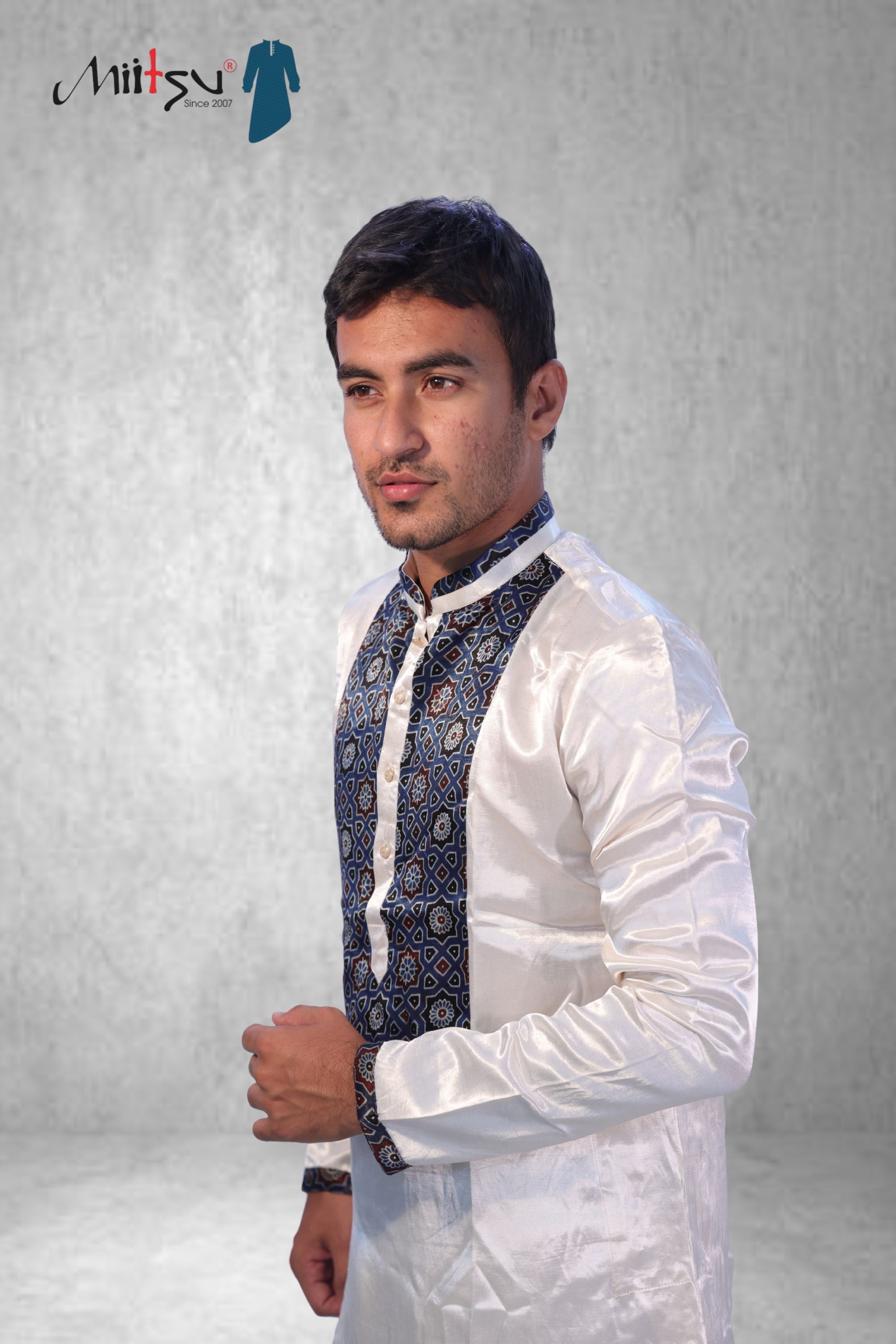 Royal White Ajrakh Detailed Silk Kurta (2792)
