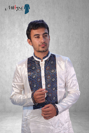 Royal White Ajrakh Detailed Silk Kurta (2792)